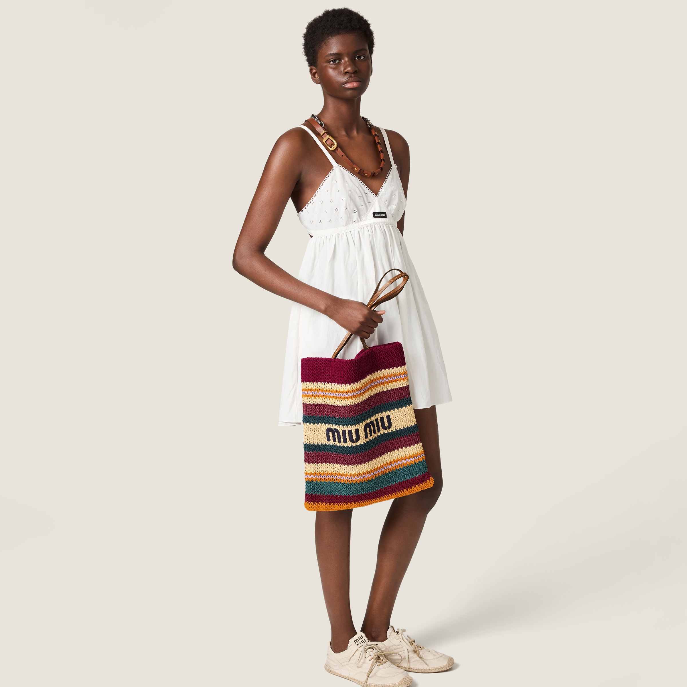 Bordeaux/teal/natural Raffia-effect Woven Tote Bag | Miu Miu