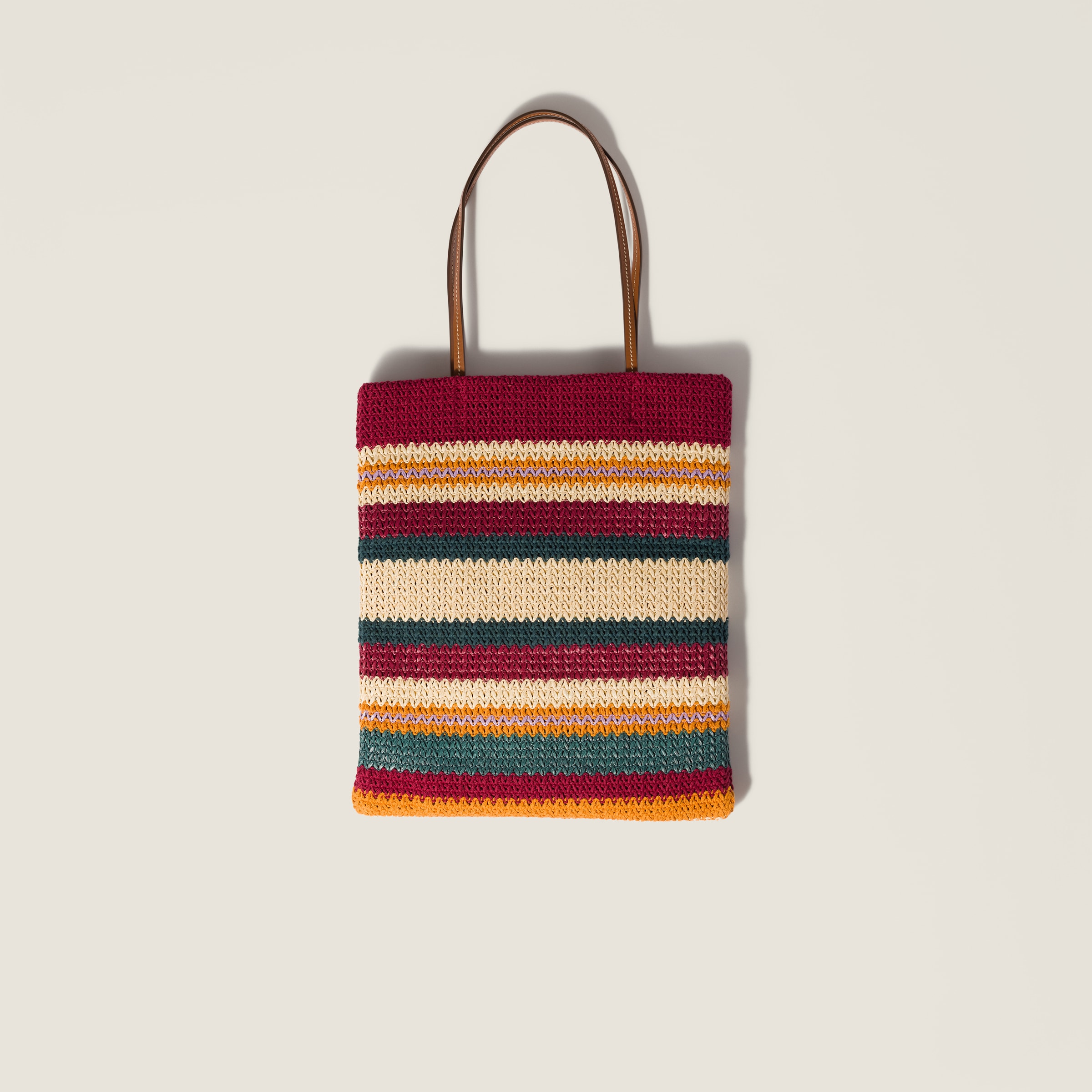 Bordeaux/teal/natural Raffia-effect Woven Tote Bag | Miu Miu