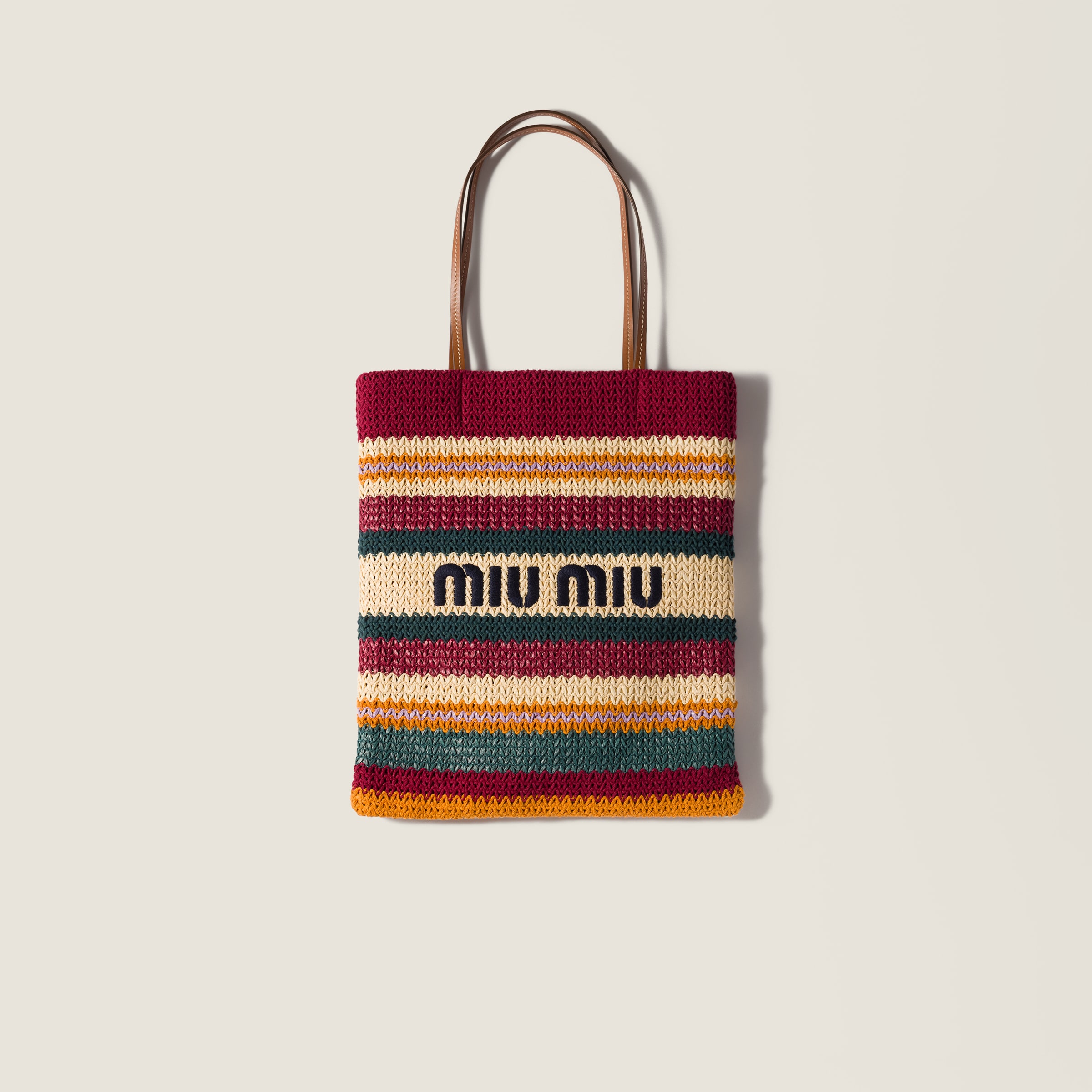 Bordeaux/teal/natural Raffia-effect Woven Tote Bag | Miu Miu