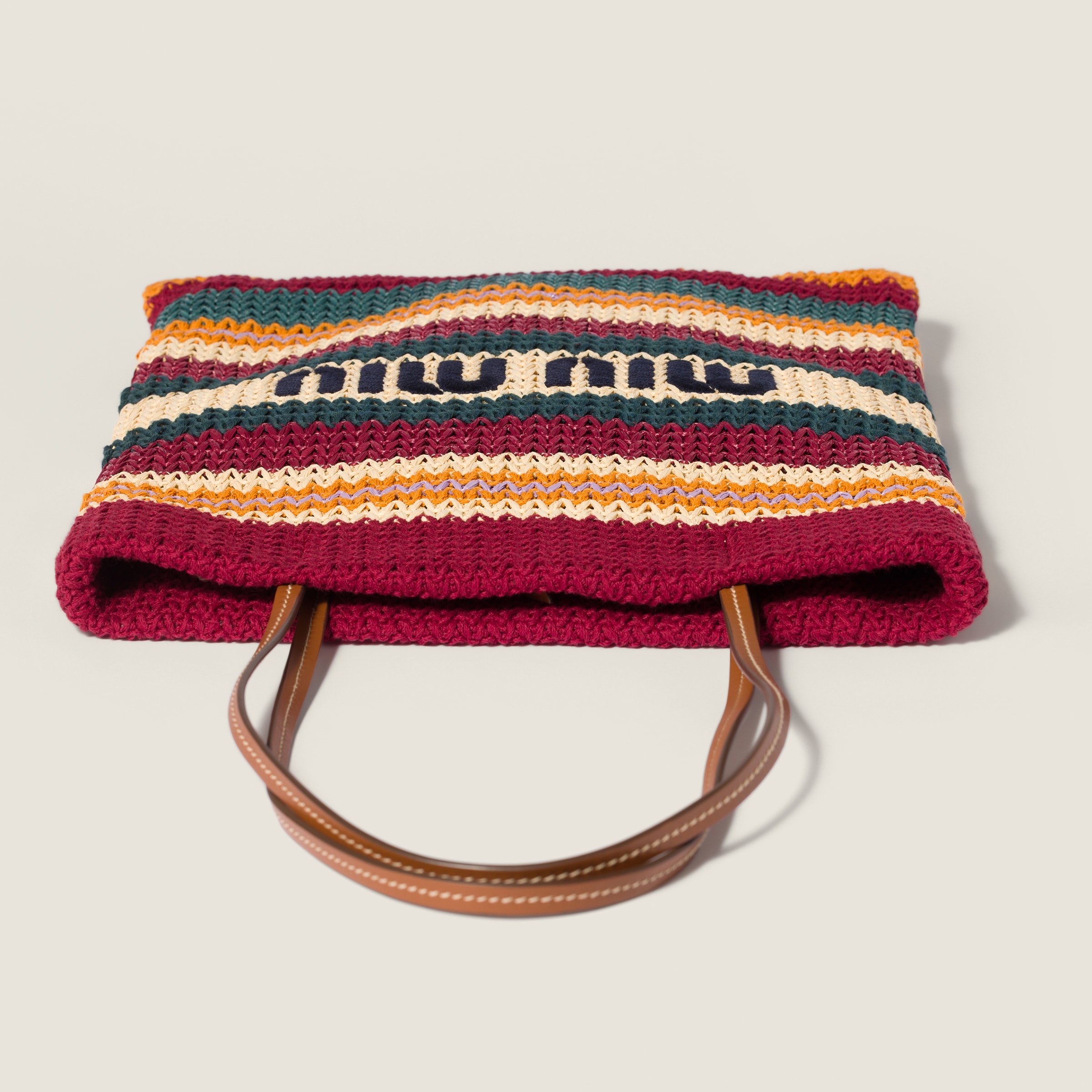 Bordeaux/teal/natural Raffia-effect Woven Tote Bag | Miu Miu