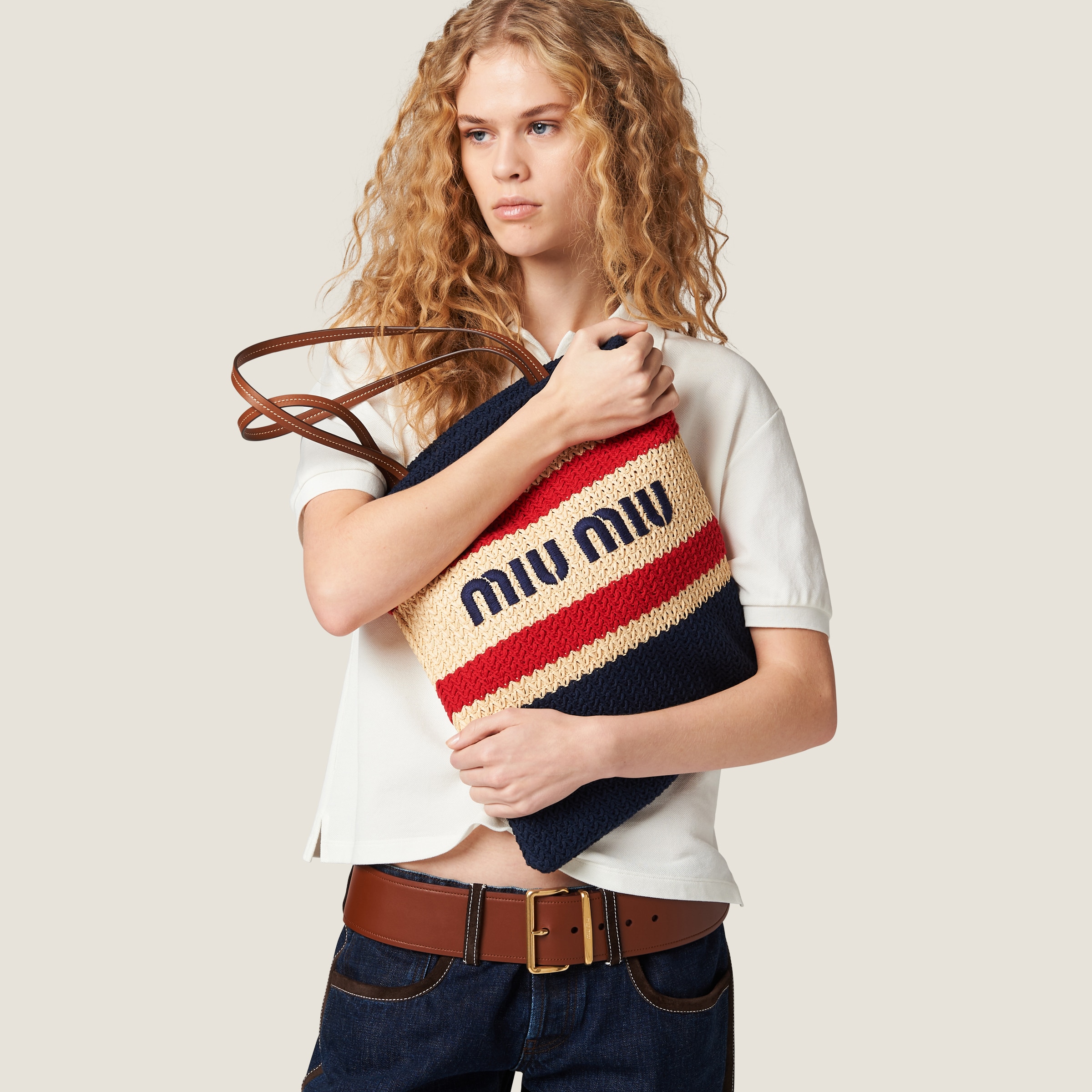 ★MIU MIU★ミュウミュウ ラフィア ウーブン トートバッグ ナチュラル/ブルー ラフィアエフェクトウーブン トートバッグ