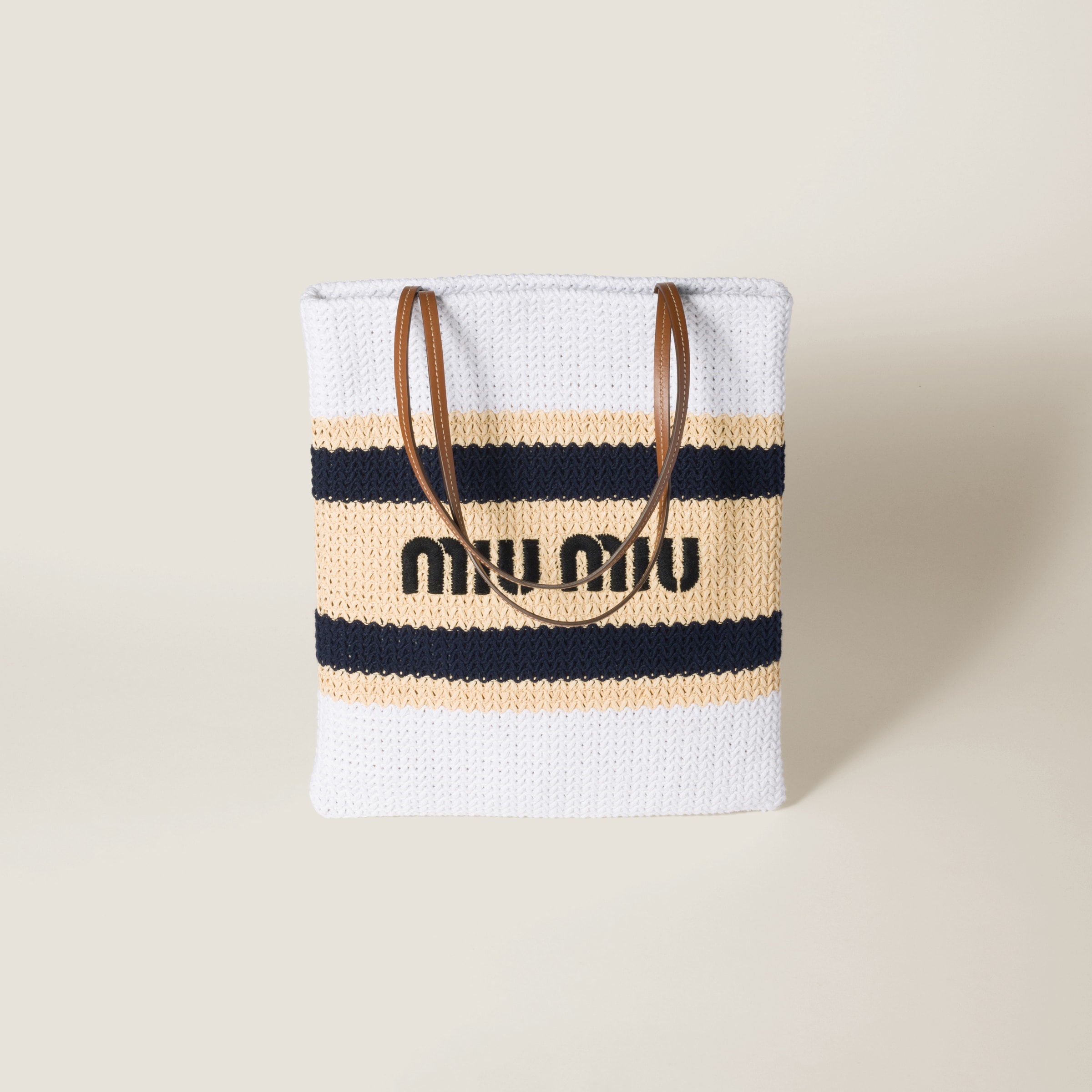 Tan/white Raffia-effect Woven Tote Bag | Miu Miu