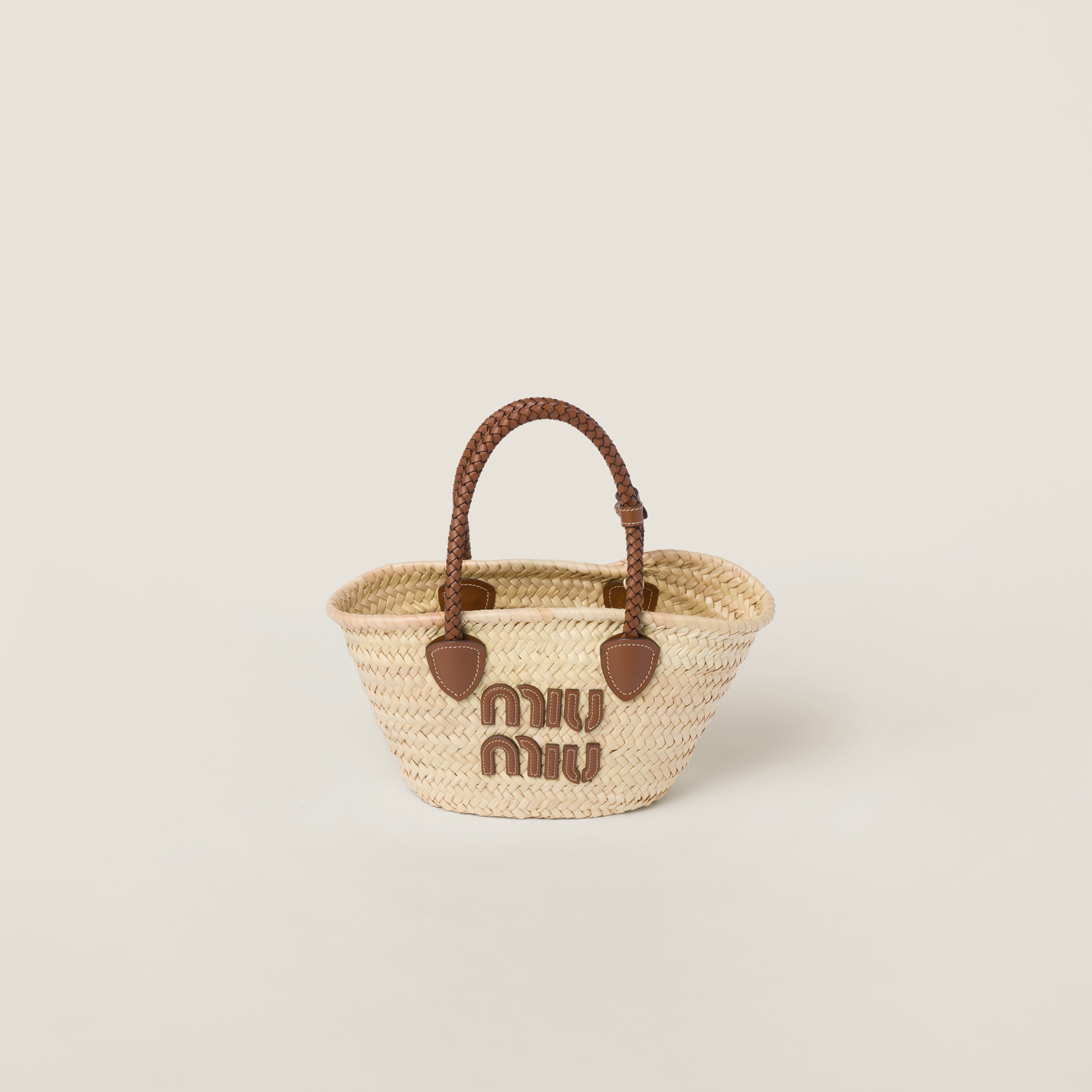 Miu Miu Woven Fabric Tote Bag In Beige/cognac