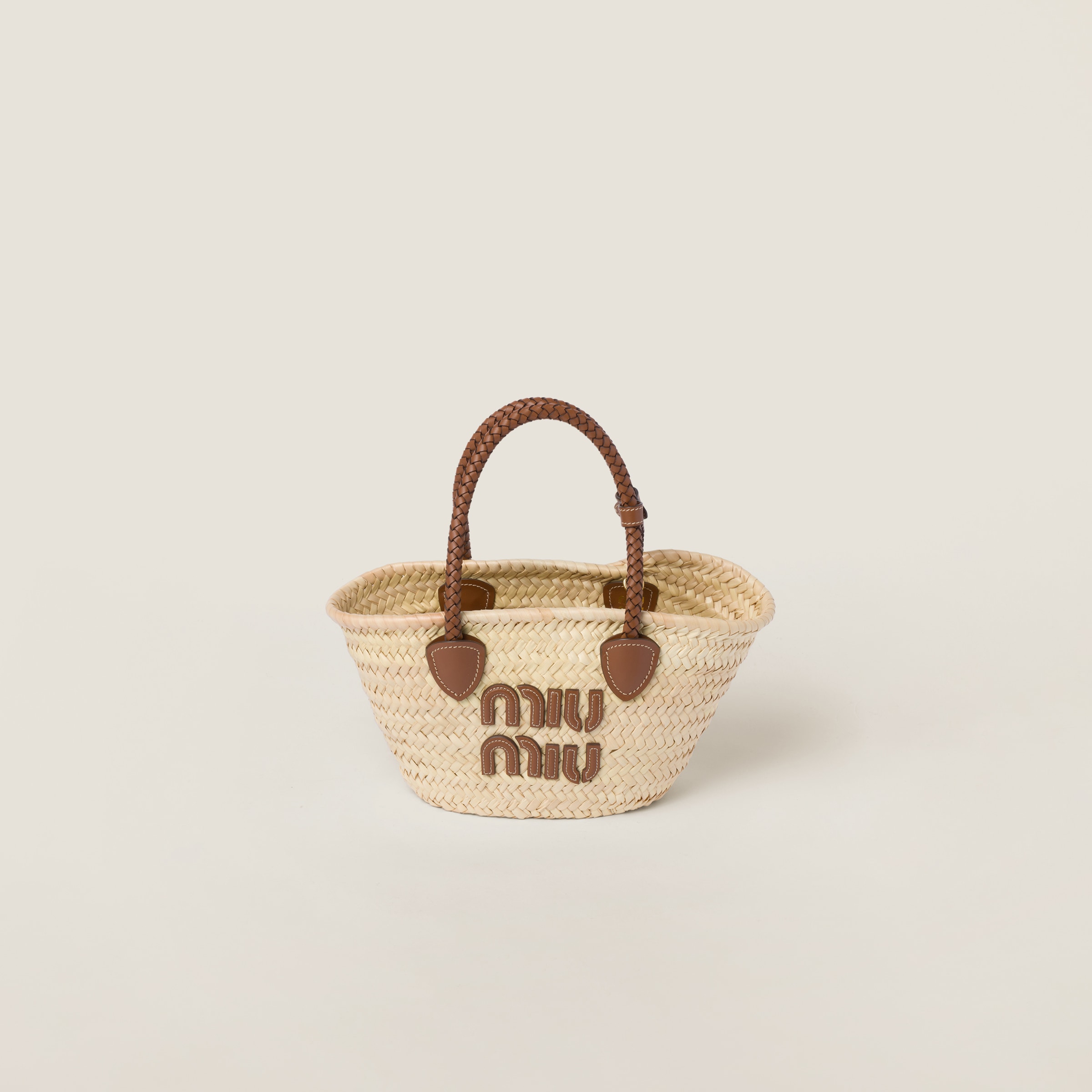 Miumiu Woven Fabric Tote Bag In Beige/cognac