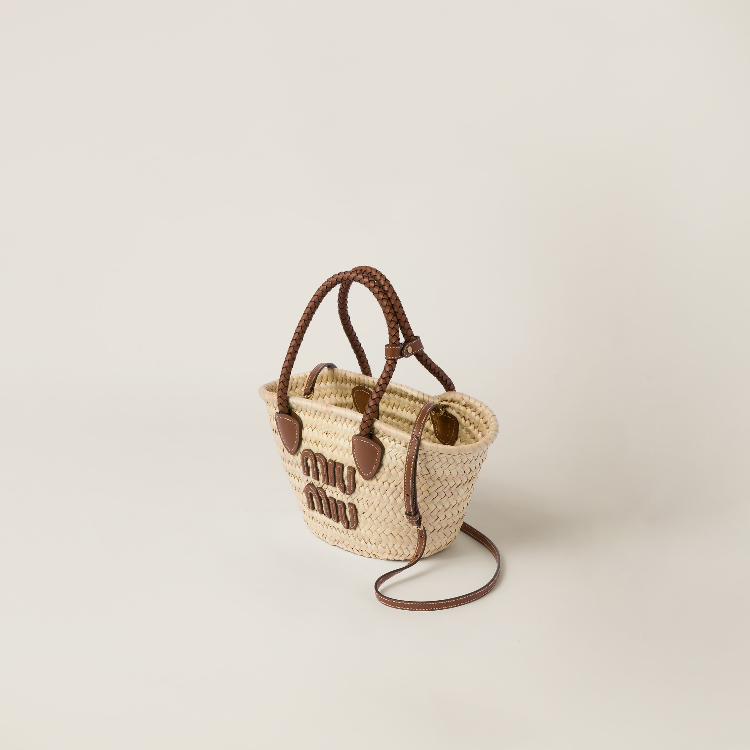 Miu Miu Woven Fabric Tote Bag In Beige/cognac