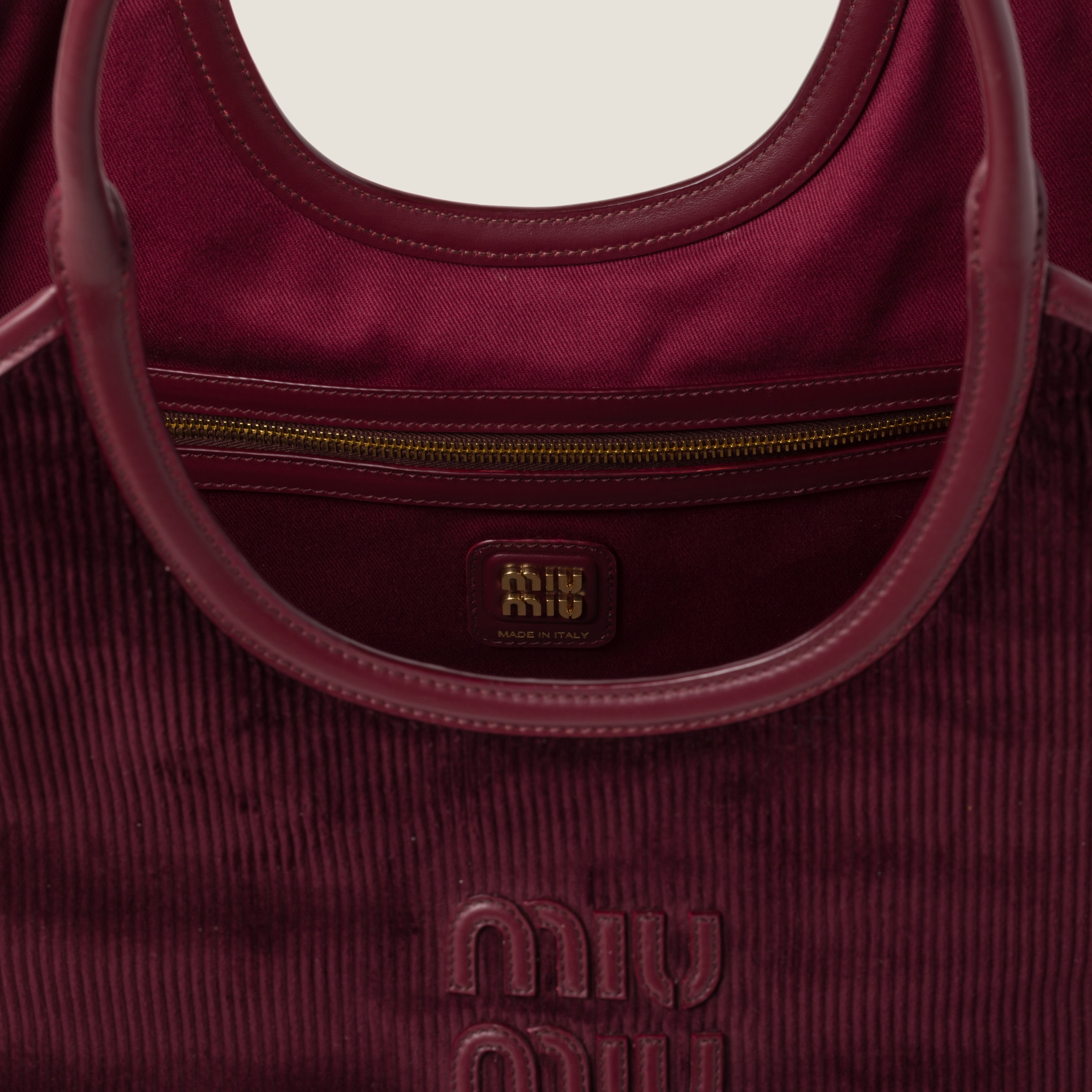 Miu Miu Ivy Corduroy Shopping Bag In Amaranth Red/maize Yellow