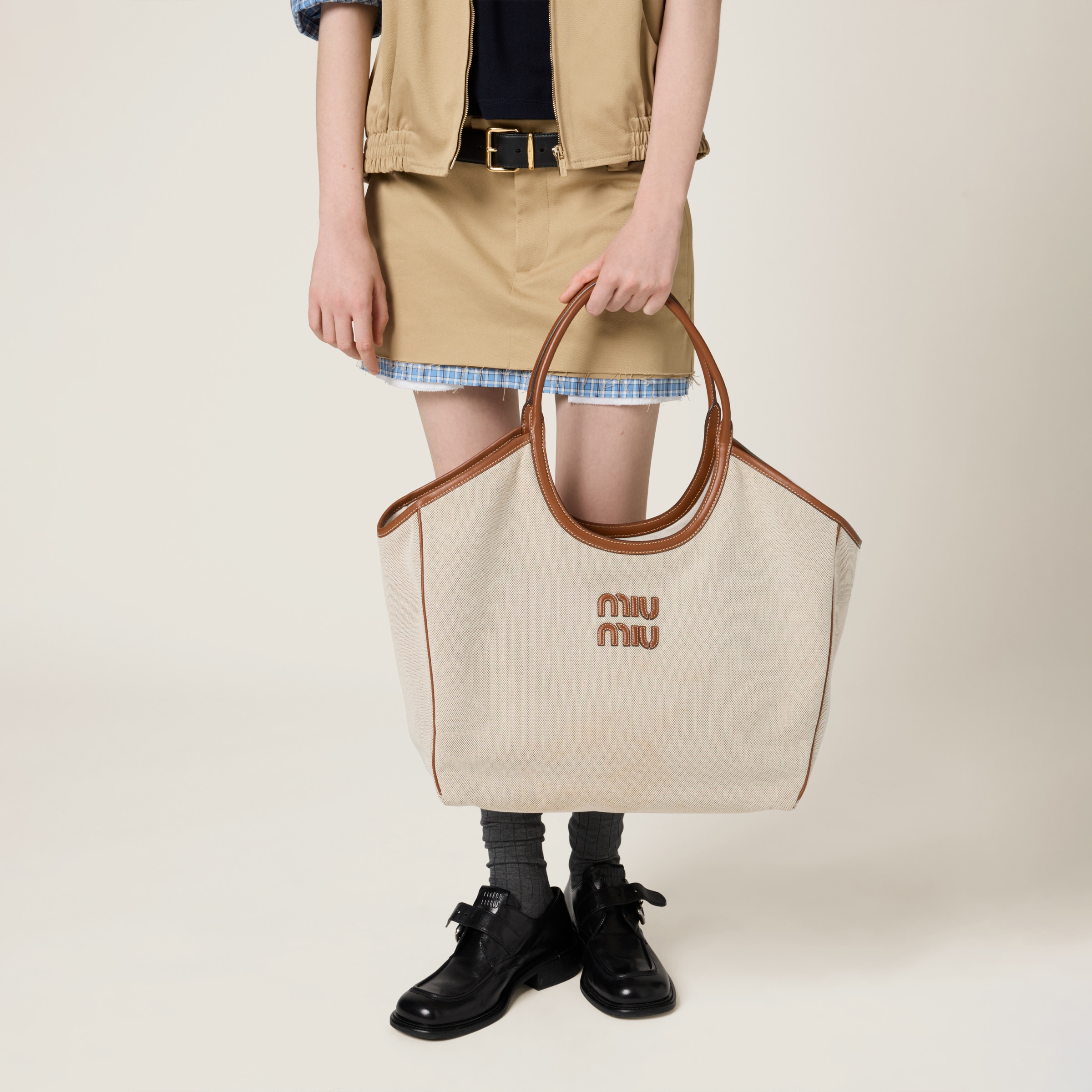 Miu Miu Ivy Canvas And Leather Tote Bag In Beige/brandy
