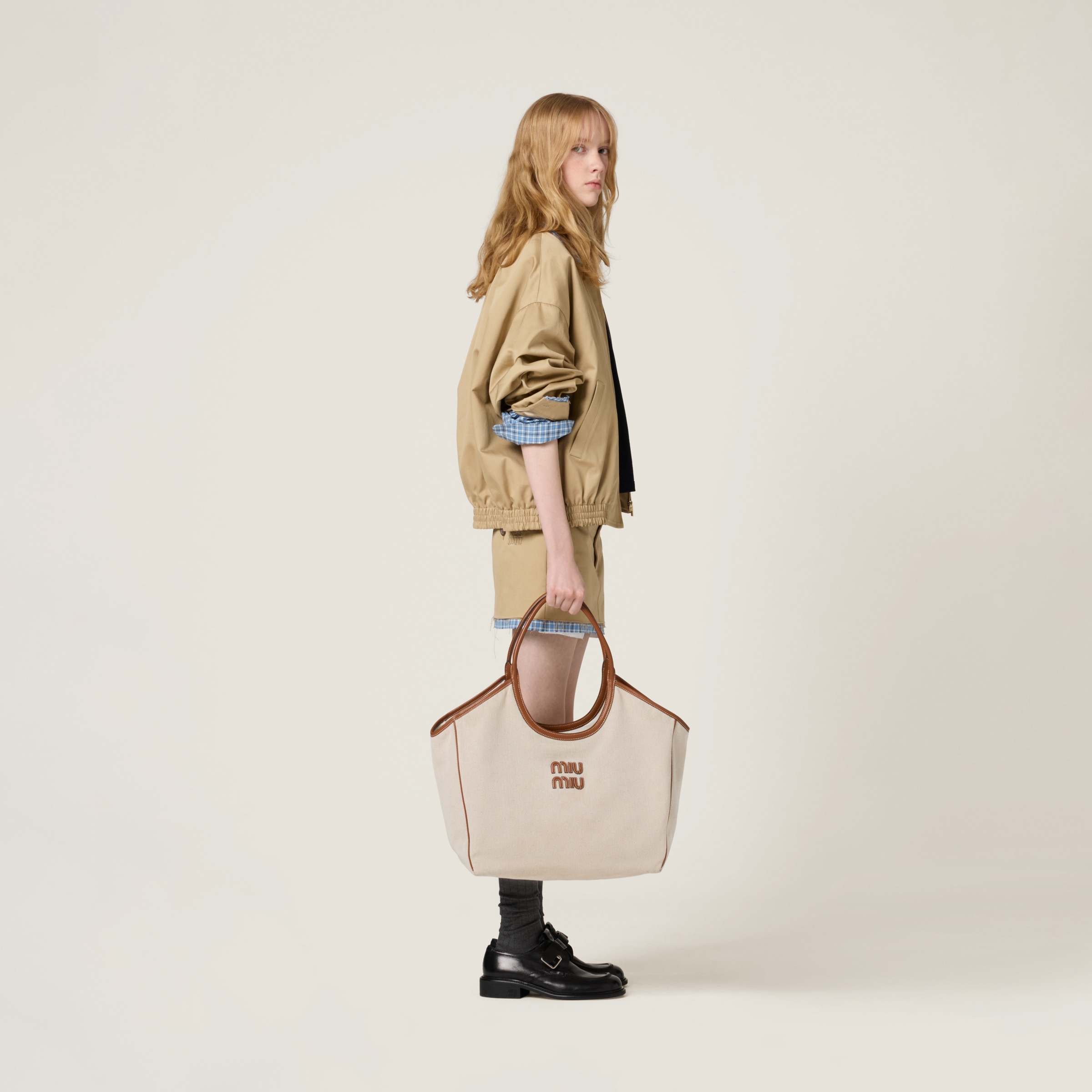 Beige/brandy Ivy Canvas And Leather Tote Bag | Miu Miu