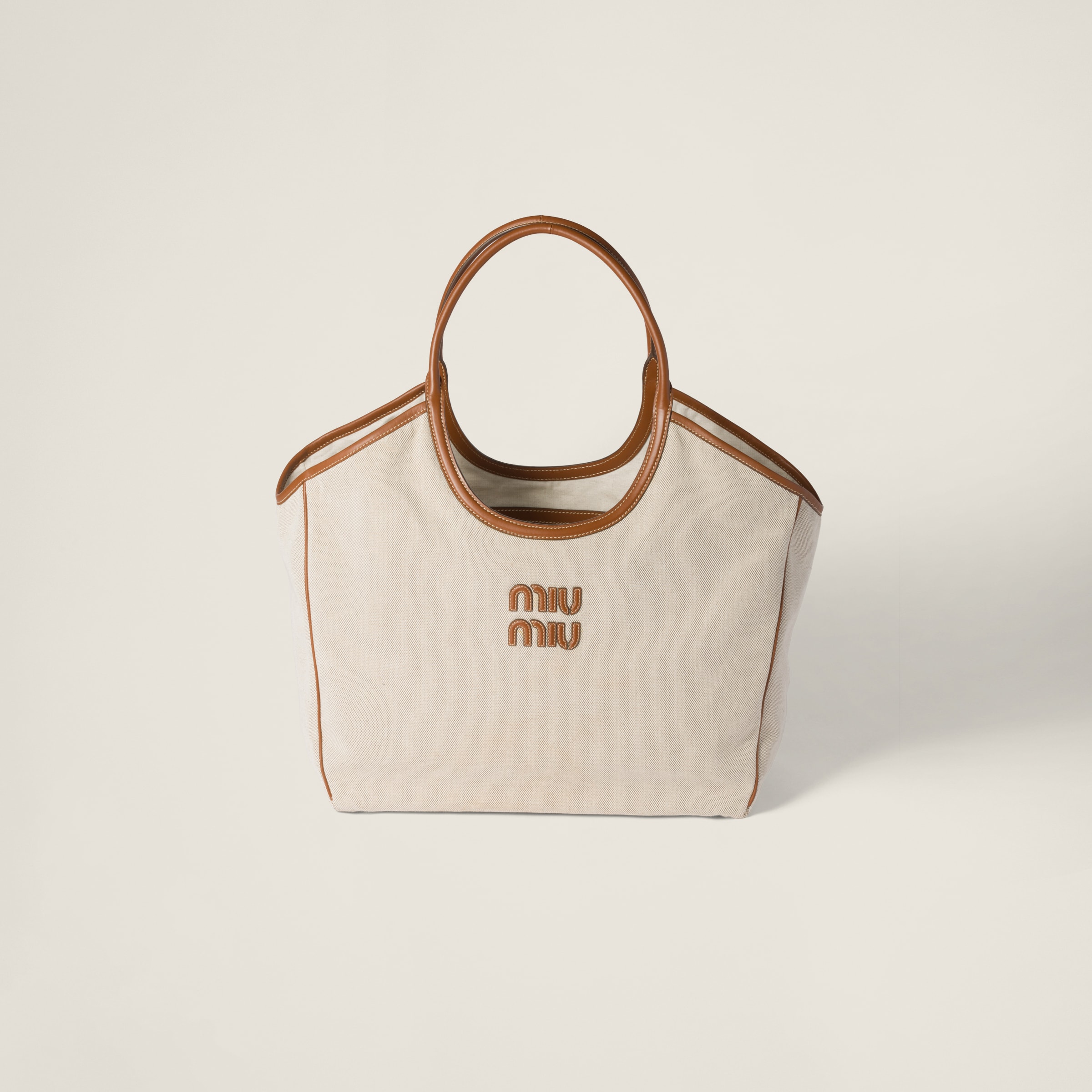 Beige/brandy Ivy Canvas And Leather Tote Bag | Miu Miu