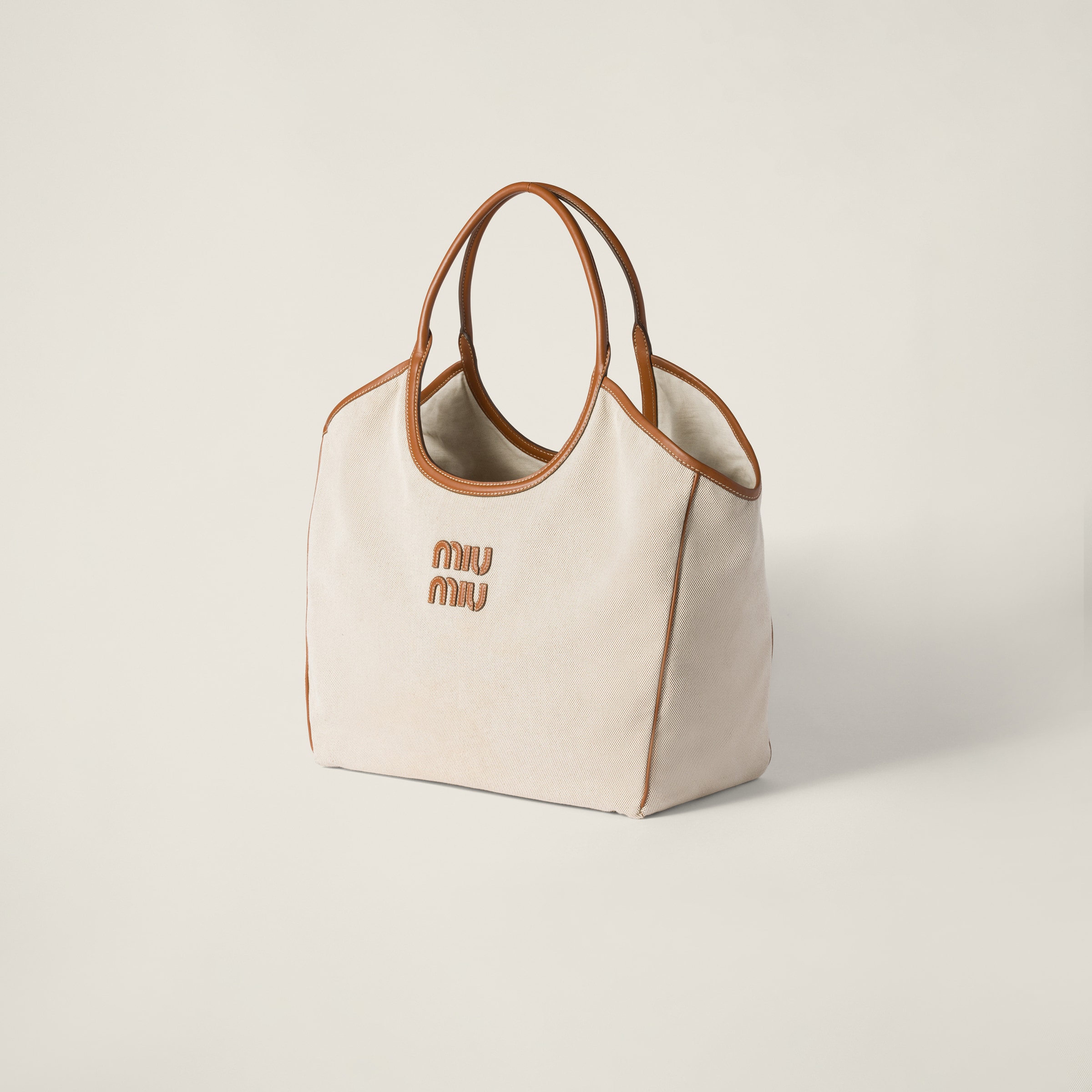 Miu Miu Ivy Canvas And Leather Tote Bag In Beige/brandy