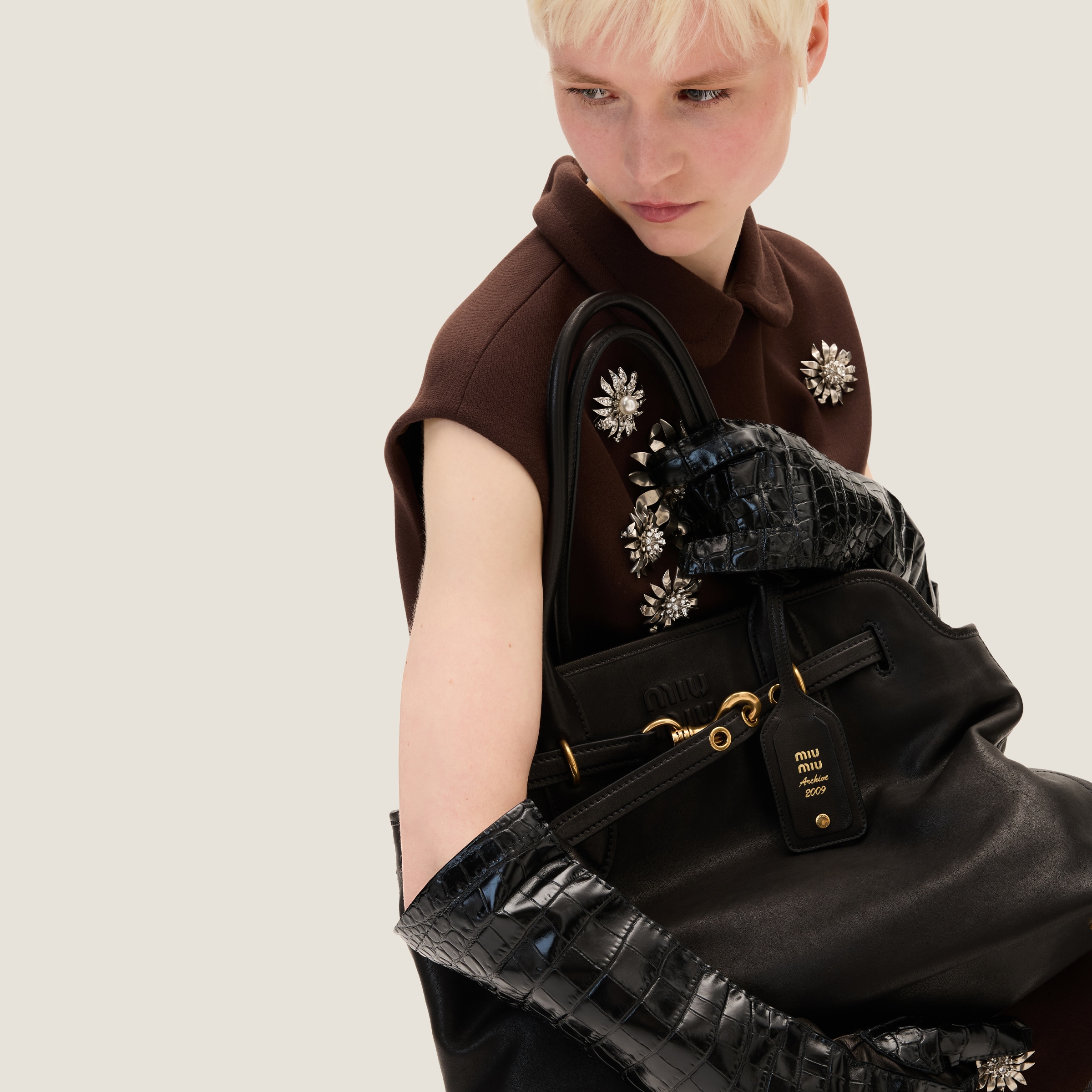 MIU MIU 00s Archive Leather Boston Bag Embossed Logo Black