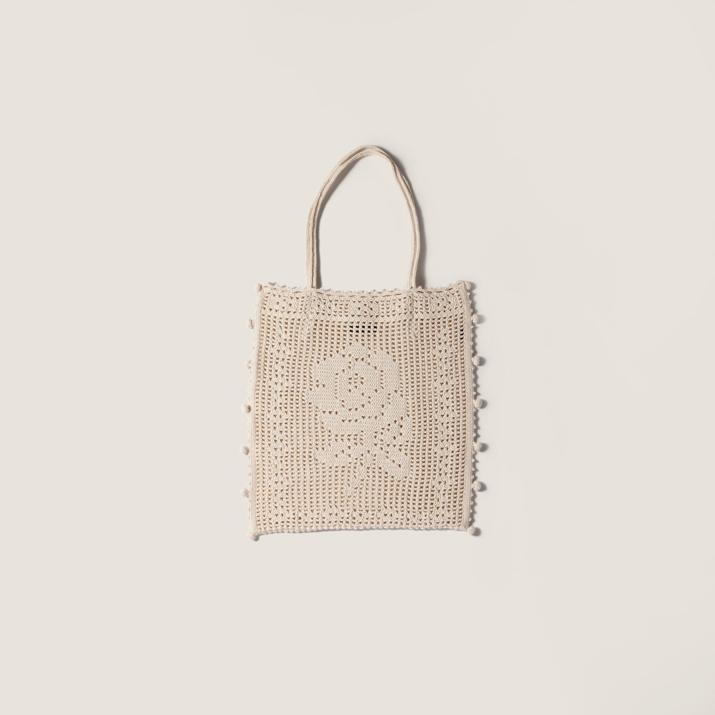Milky pile tote bag with chouchou Chalk White Cotton Crochet Tote 