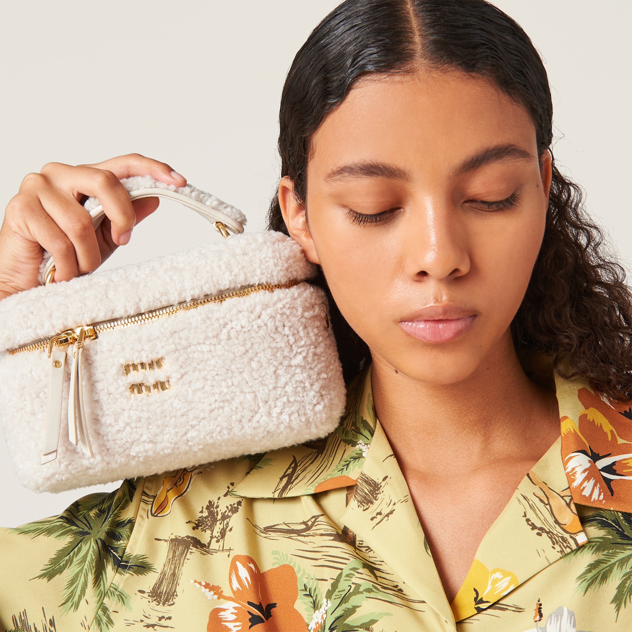 Ivory Shearling Shoulder Bag With Leather Details Miu Miu