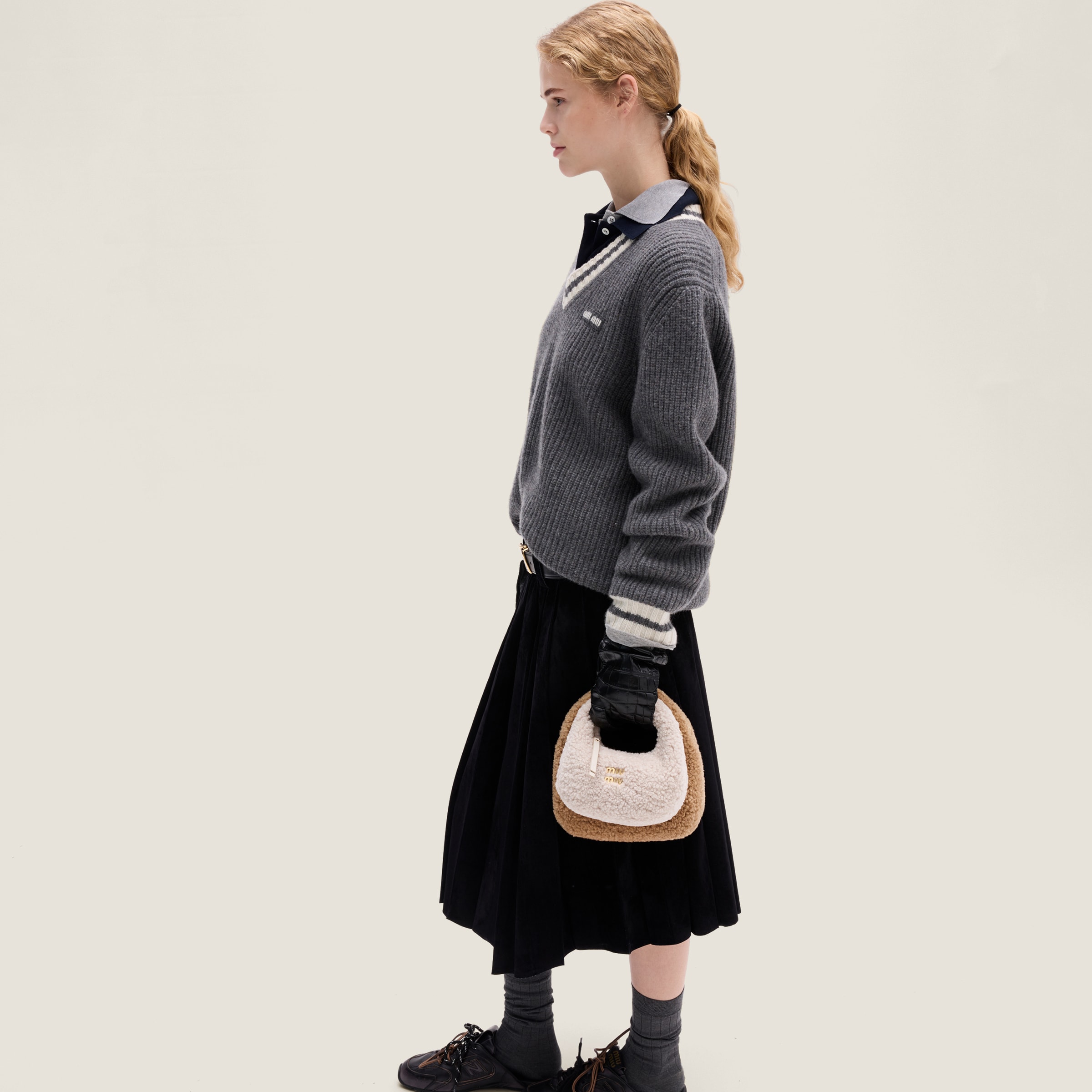 Miu Miu Wander Shearling Hobo Bag With Leather Details In Ivory