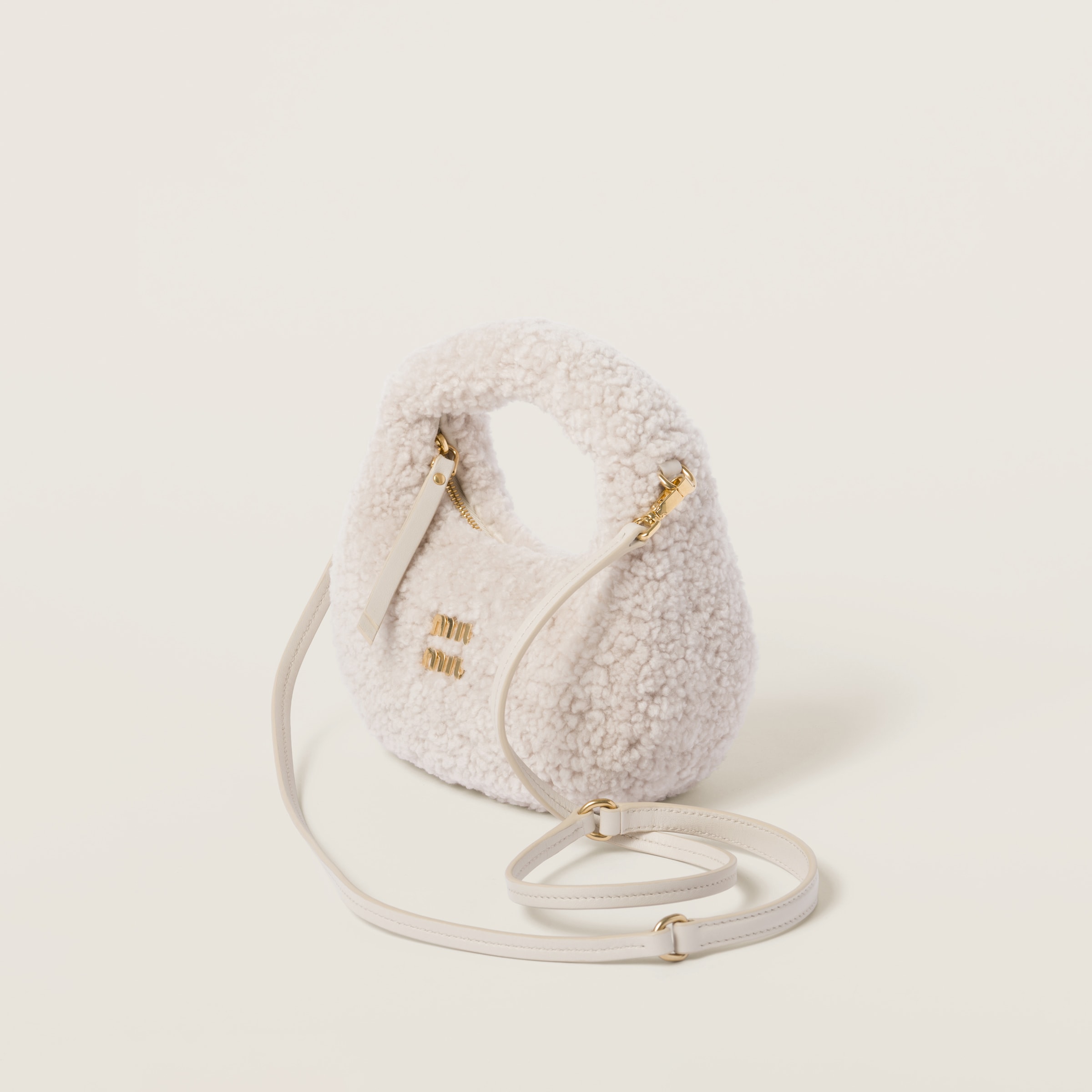 Miu Miu Wander Shearling Hobo Bag With Leather Details In Ivory