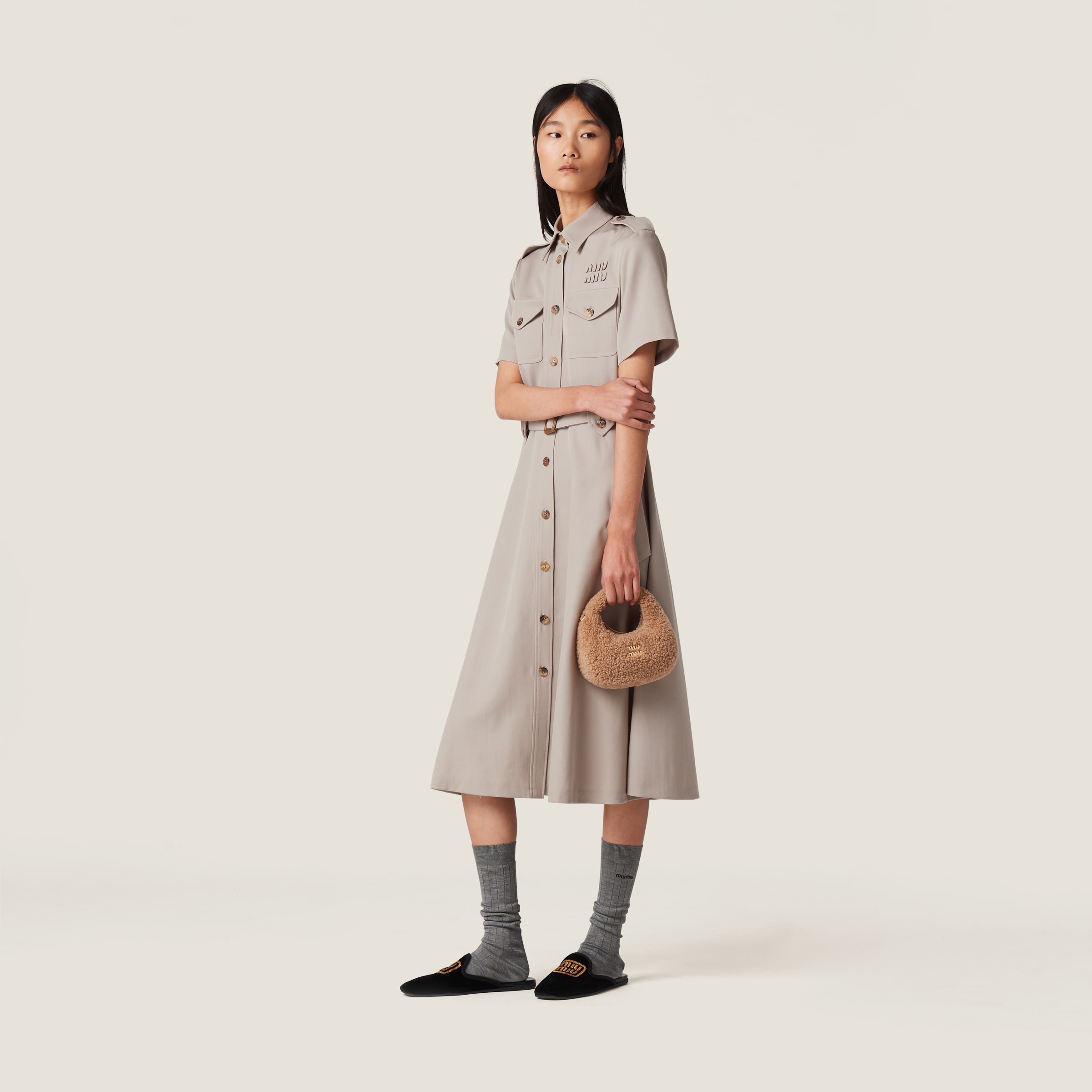Miu Miu Wander Shearling Hobo Bag With Leather Details In Caramel