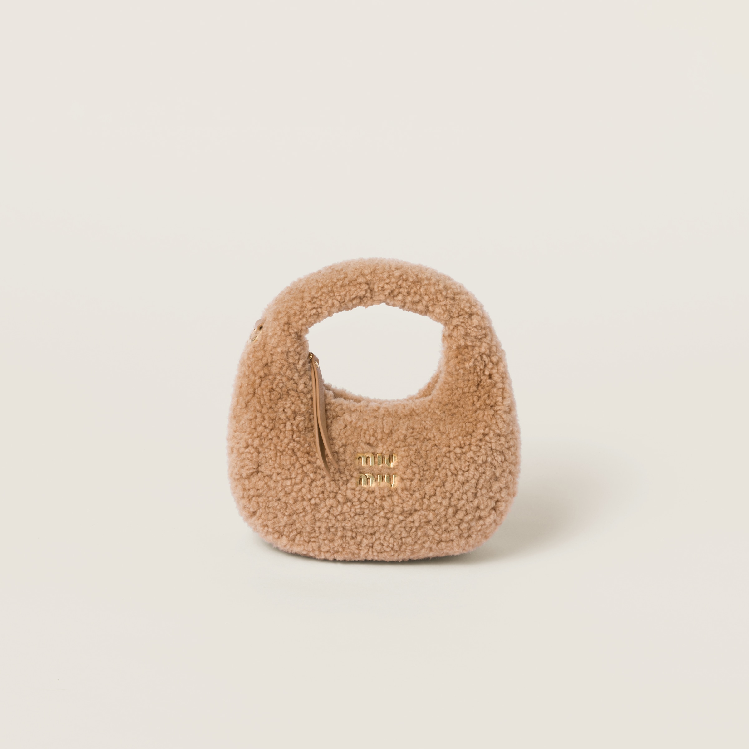 Caramel Wander Shearling Hobo Bag With Leather Details Miu Miu