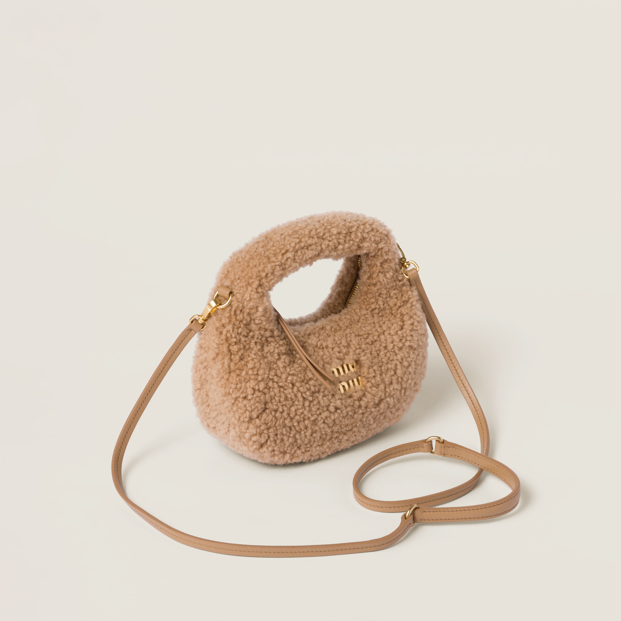 Miu Miu Wander Shearling Hobo Bag With Leather Details In Caramel