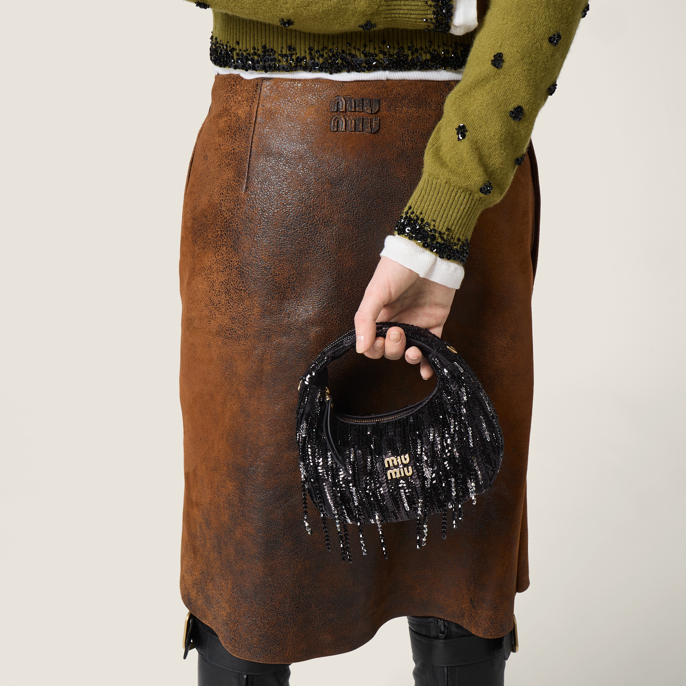 Black Wander Satin Mini-bag With Crystal And Sequin Fringe | Miu Miu