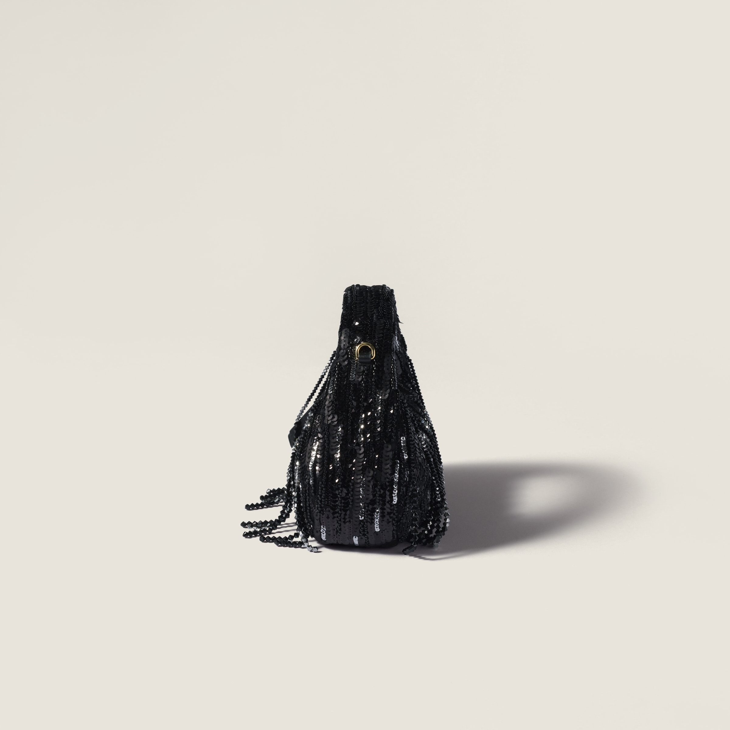 Black Wander Satin Mini-bag With Crystal And Sequin Fringe | Miu