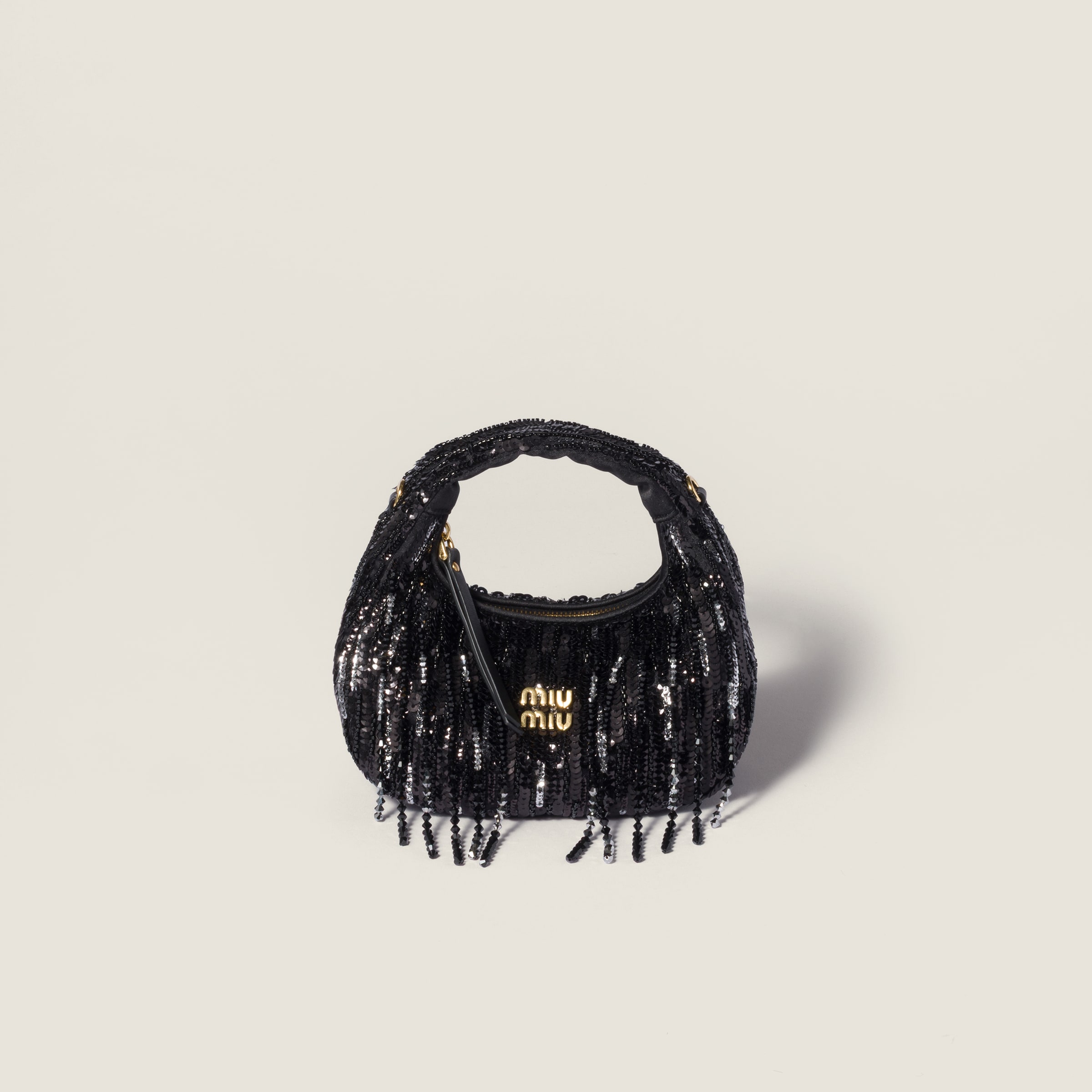 Miu Miu Wander Satin Mini-bag With Crystal And Sequin Fringe In Black