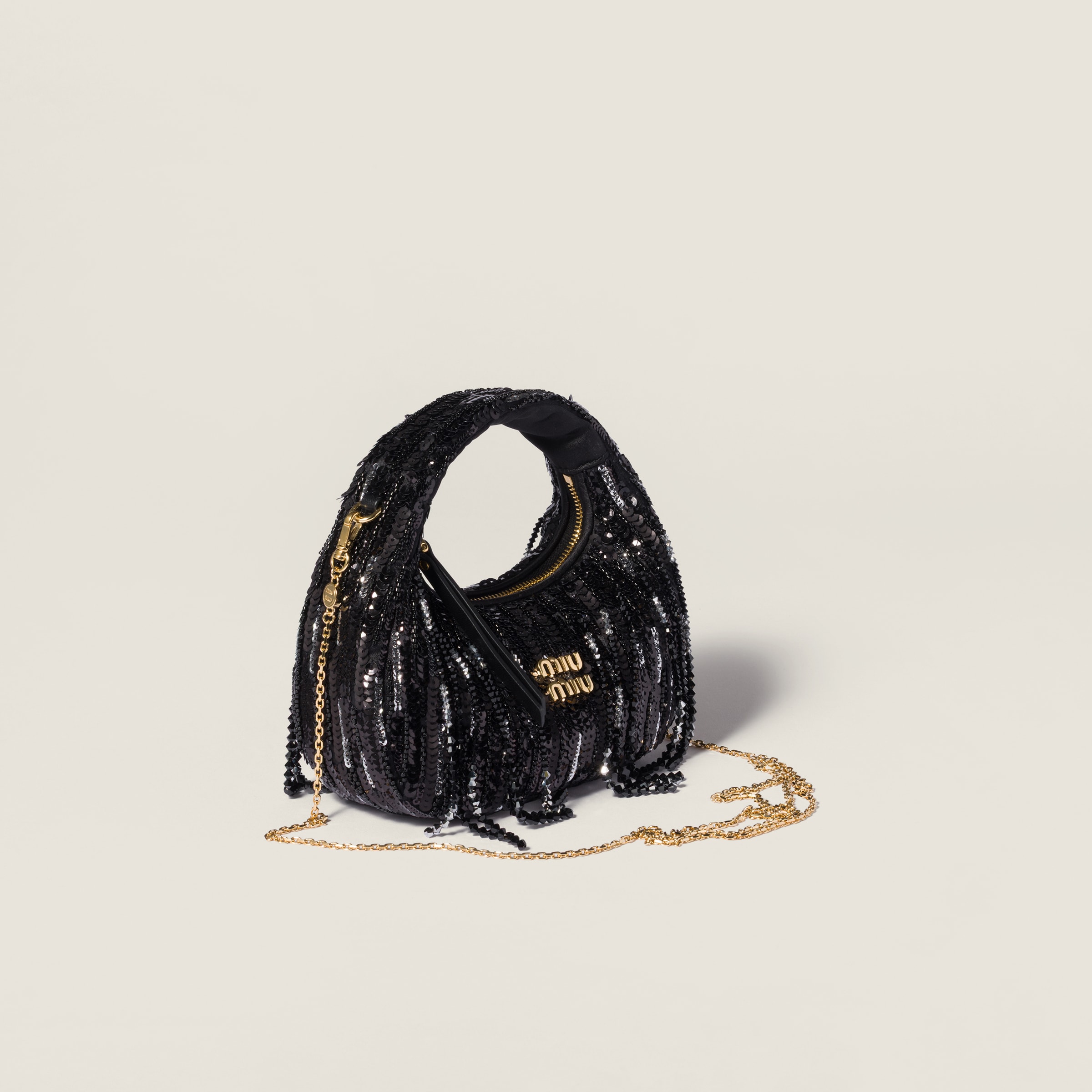 Miu Miu Wander Satin Mini-bag With Crystal And Sequin Fringe In Black