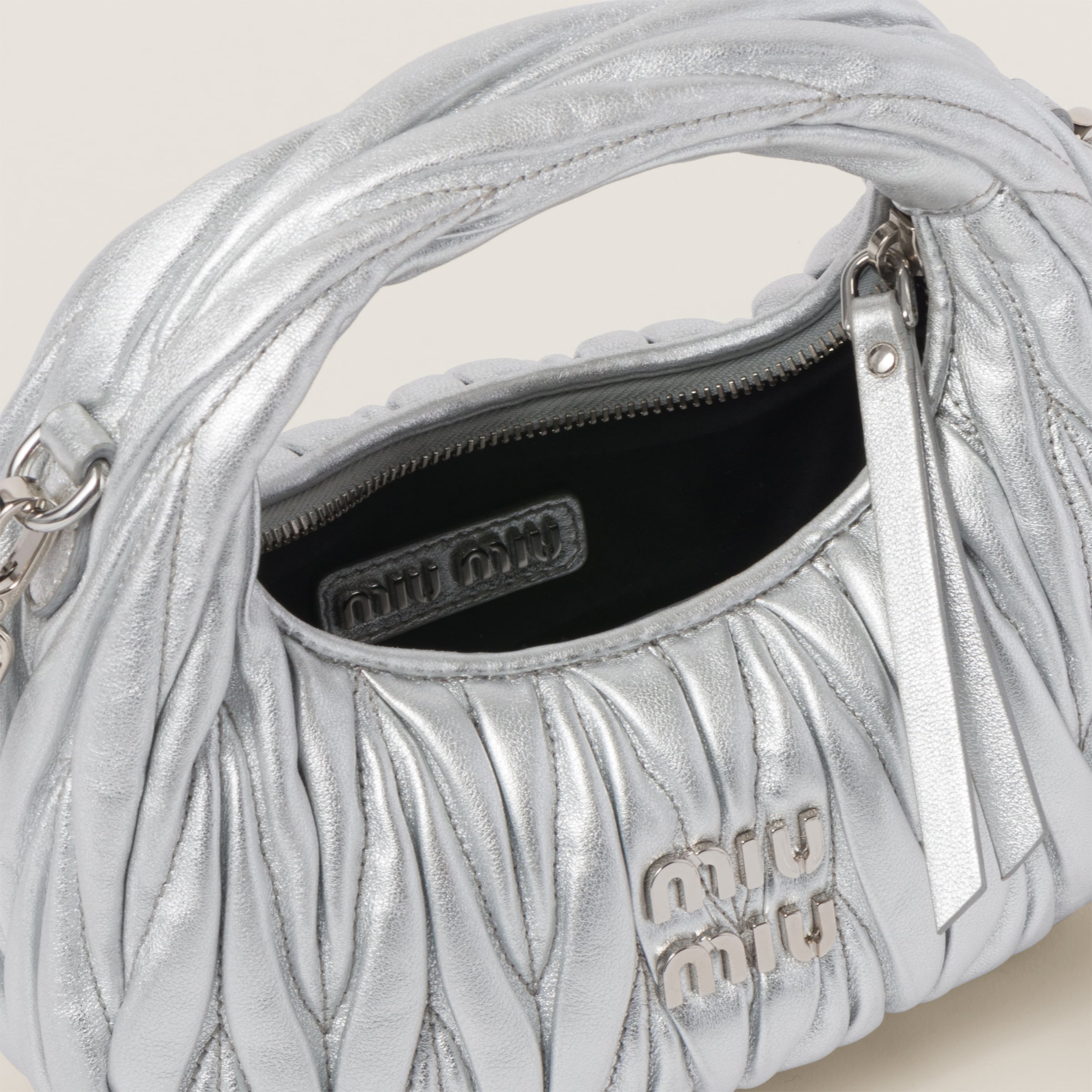 Silver Wander Matelasse Nappa Leather Hobo Mini bag Miu Miu