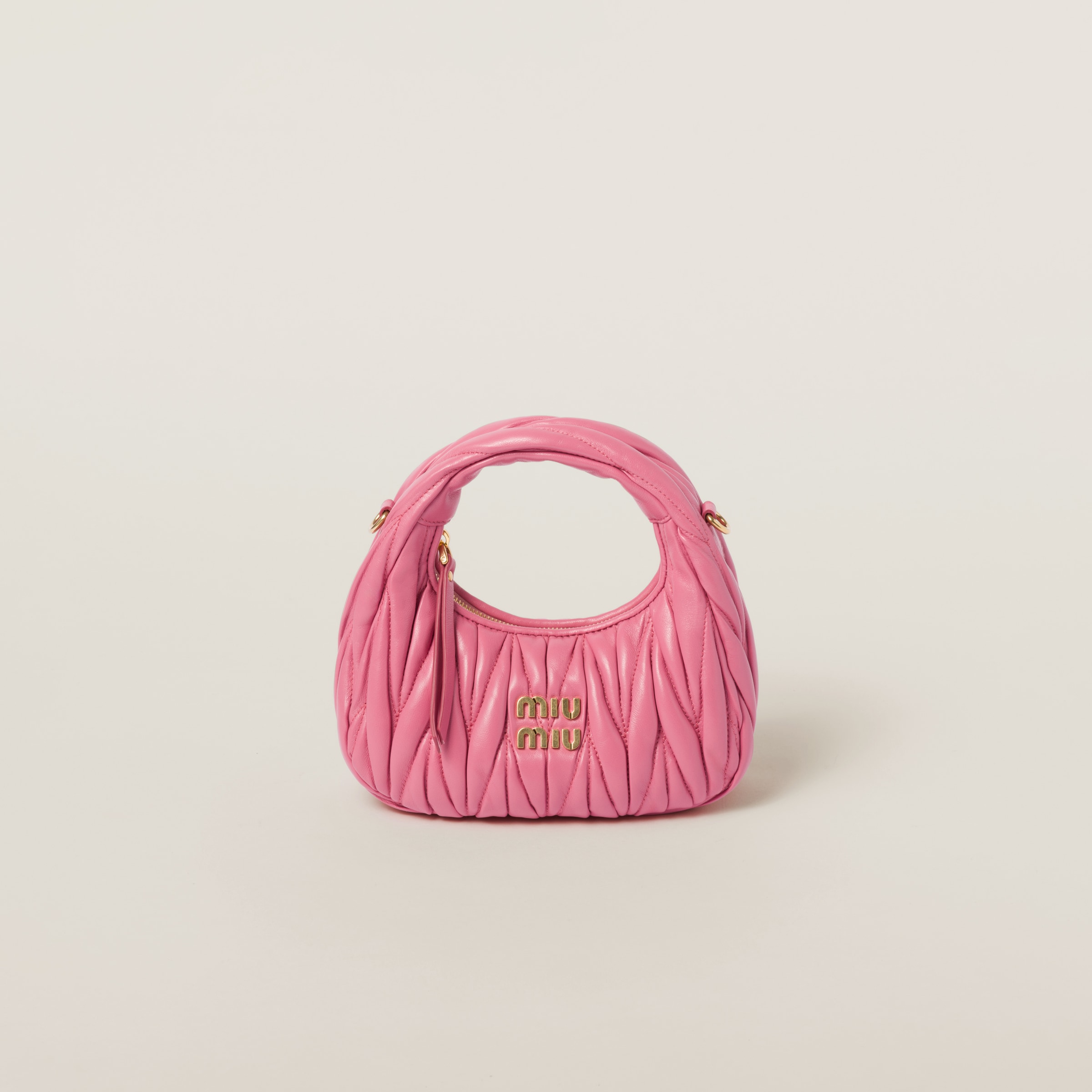 Miumiu Wander Matelassé Nappa Leather Hobo Mini-bag In Begonia Pink