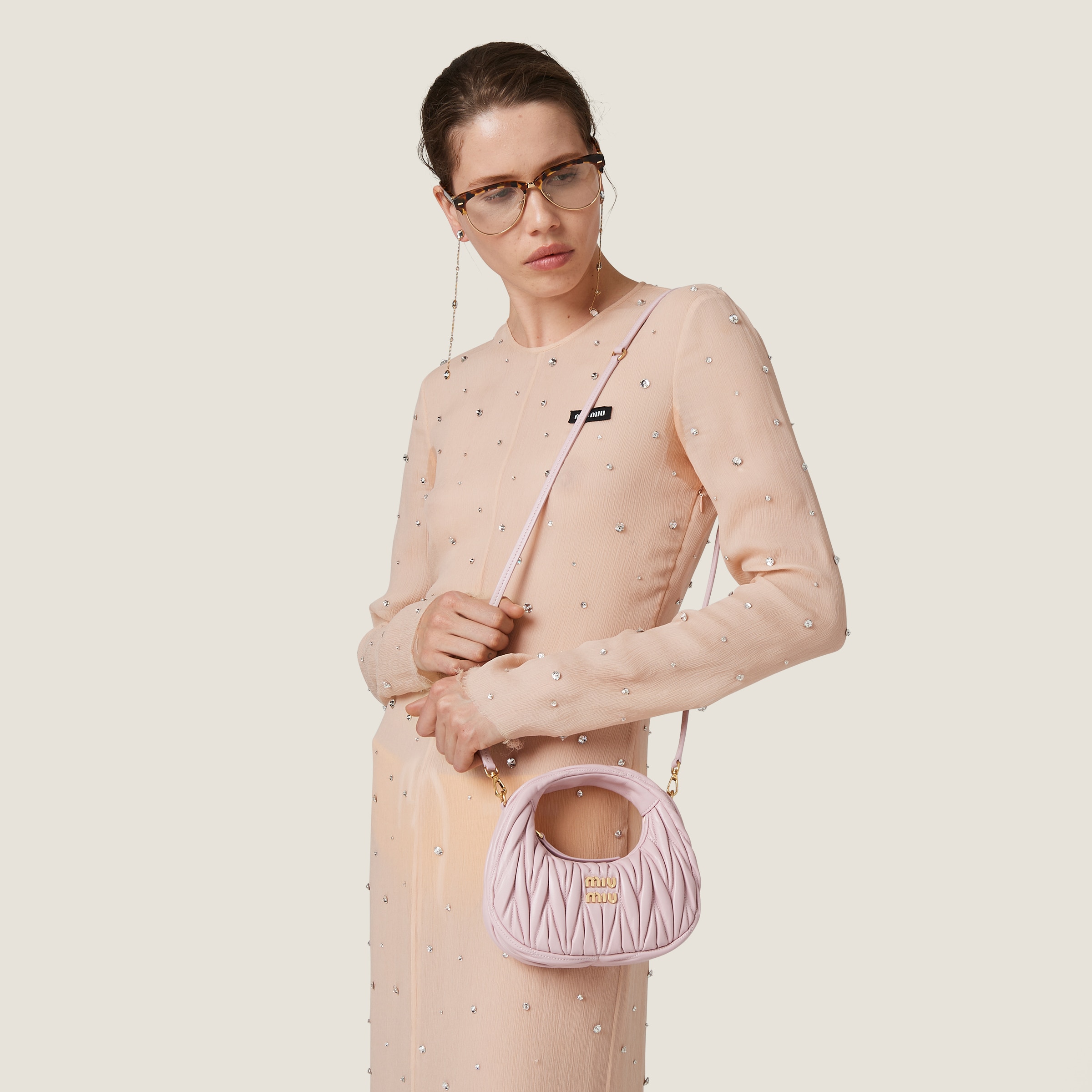 Alabaster Pink Wander Matelassé Nappa Leather Hobo Mini-bag | Miu Miu Alabaster Pink Wander Matelassé Nappa Leather Hobo Mini-bag | Miu Miu