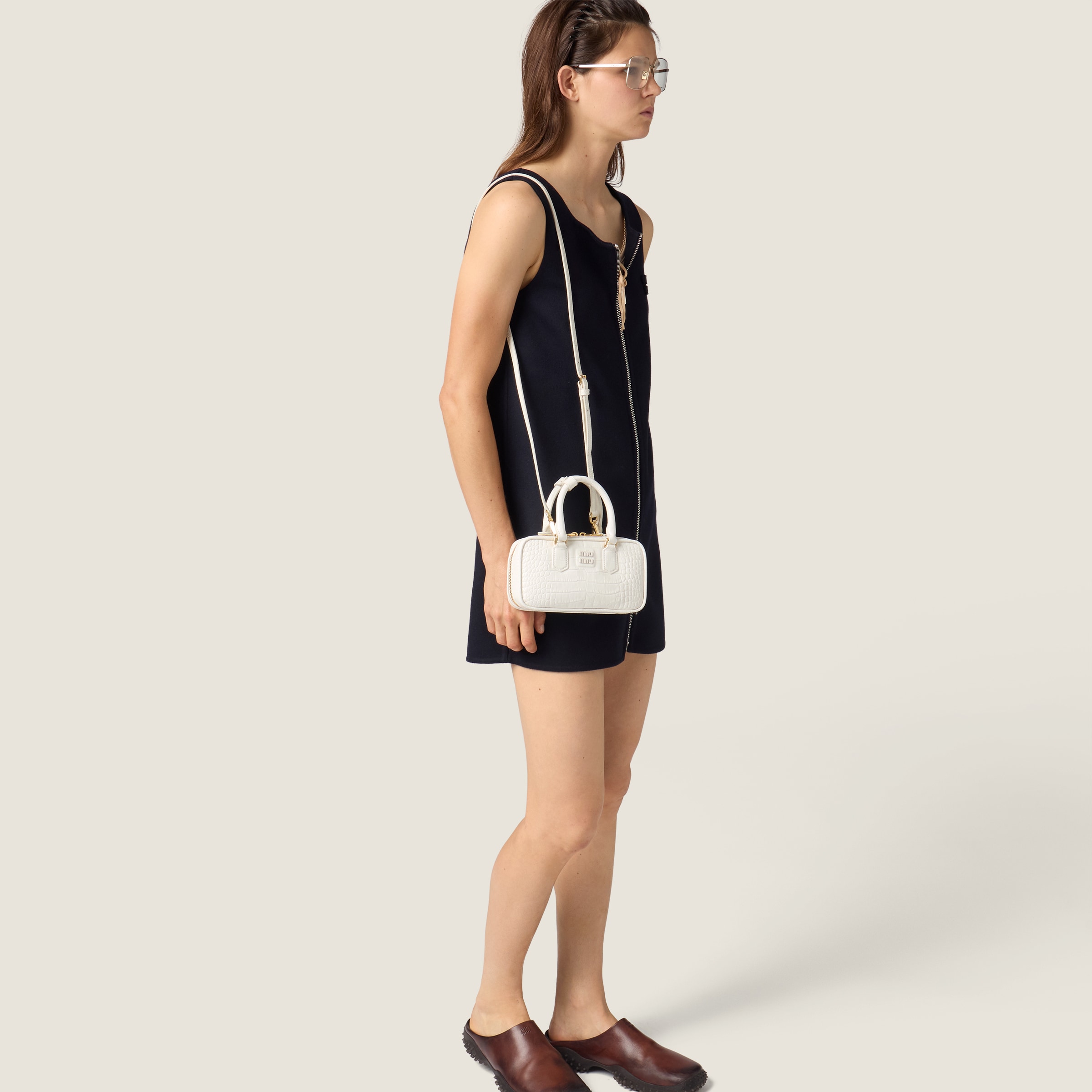 ミキティ２ White Mini Arcadie Bag In Crocodile Embossed Leather | Miu Miu