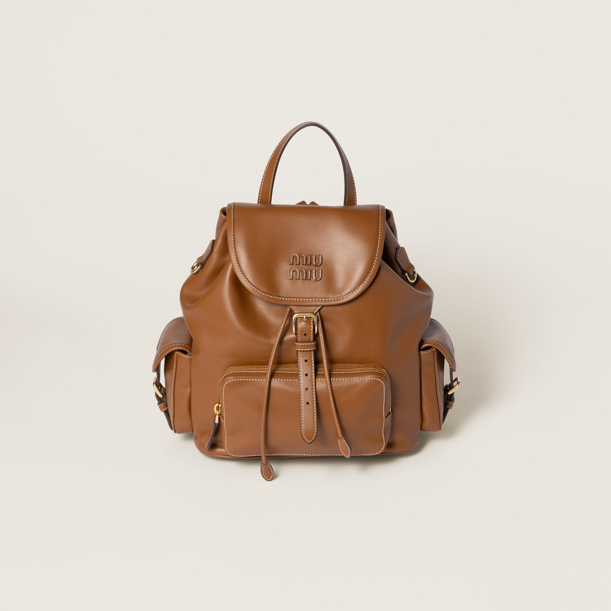 Miu Miu Leather Backpack In Cognac