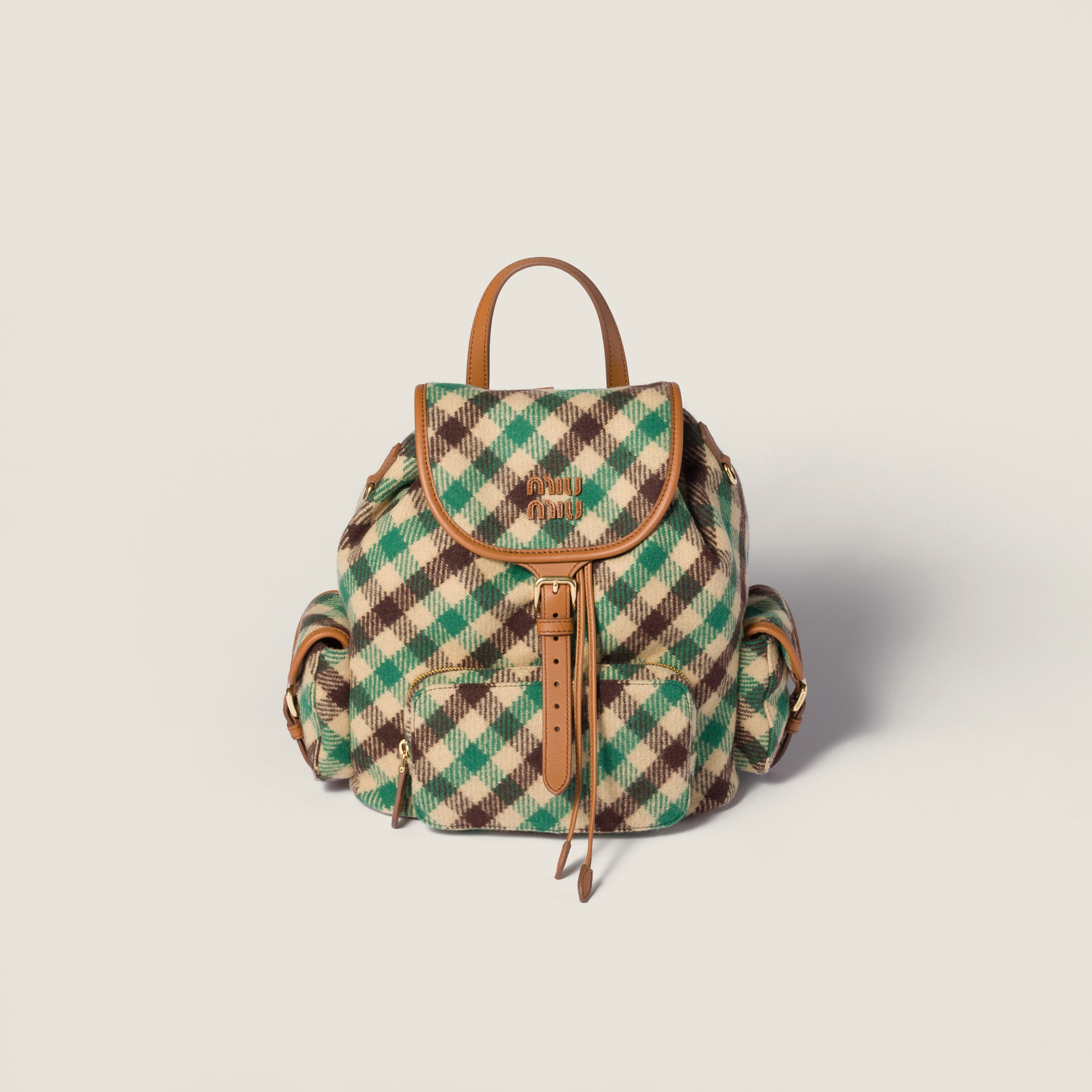 Plaid and leather backpack
