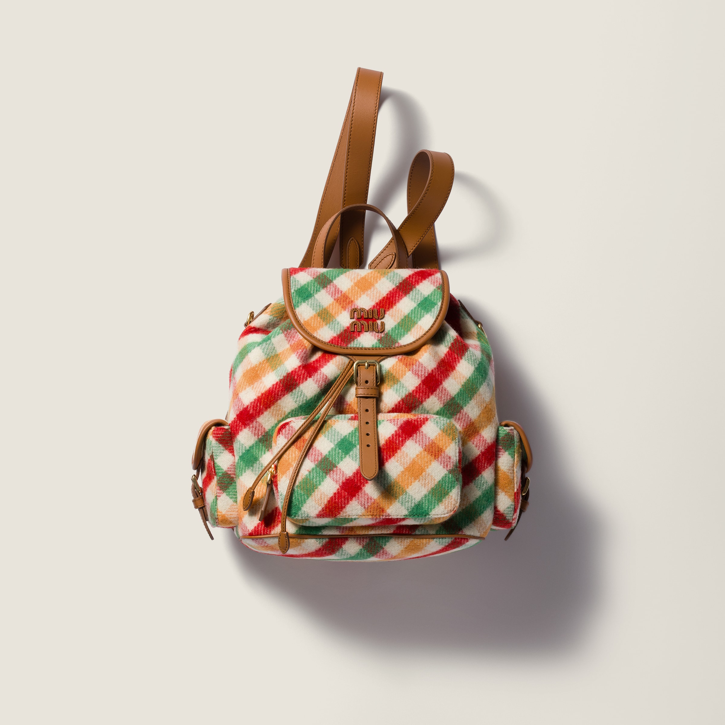 Red/green Plaid And Leather Backpack | Miu Miu