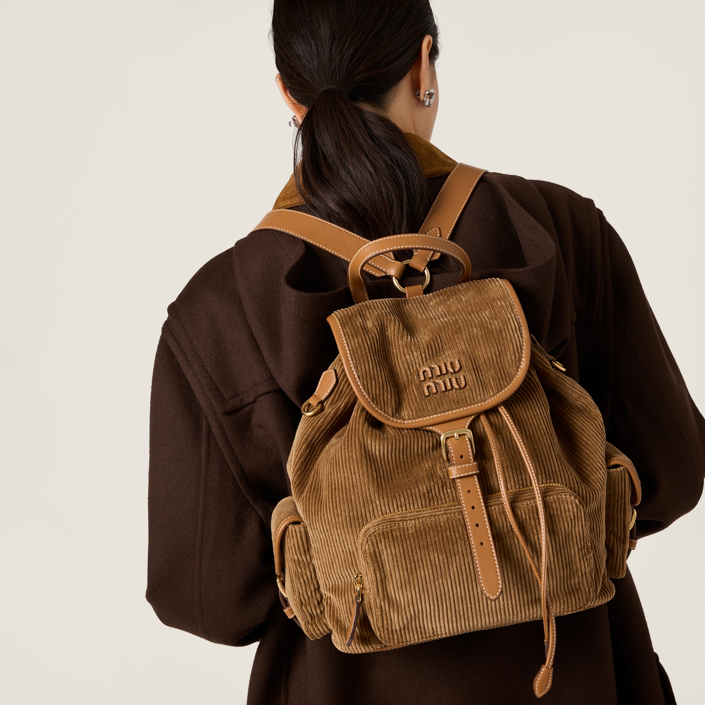 Miu Miu Corduroy Backpack In Brown