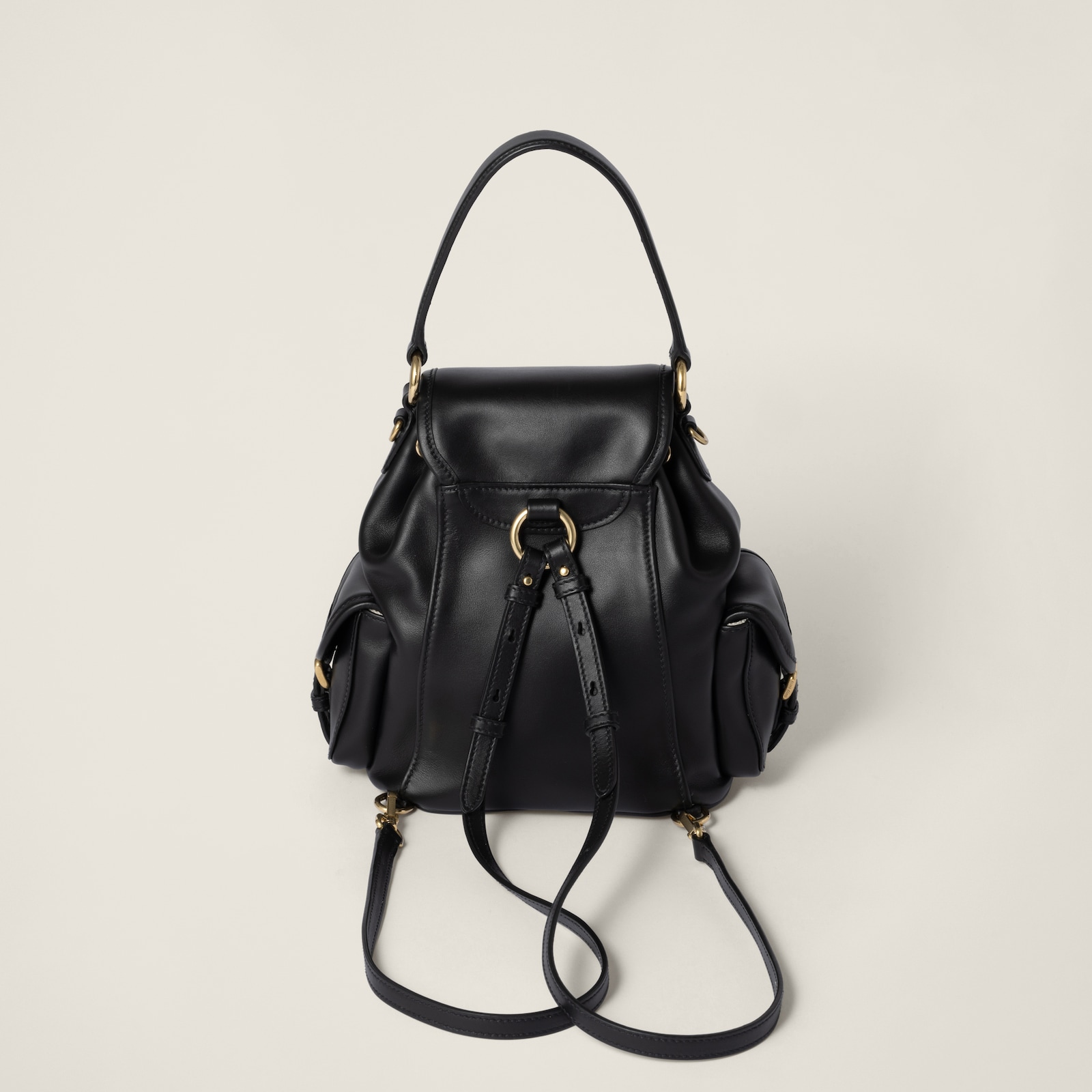 MIUMIU 26S MEDIUM BACKPACK 29 IN CHOCOLATE BROWN CANVAS BLACK CALFSKIN