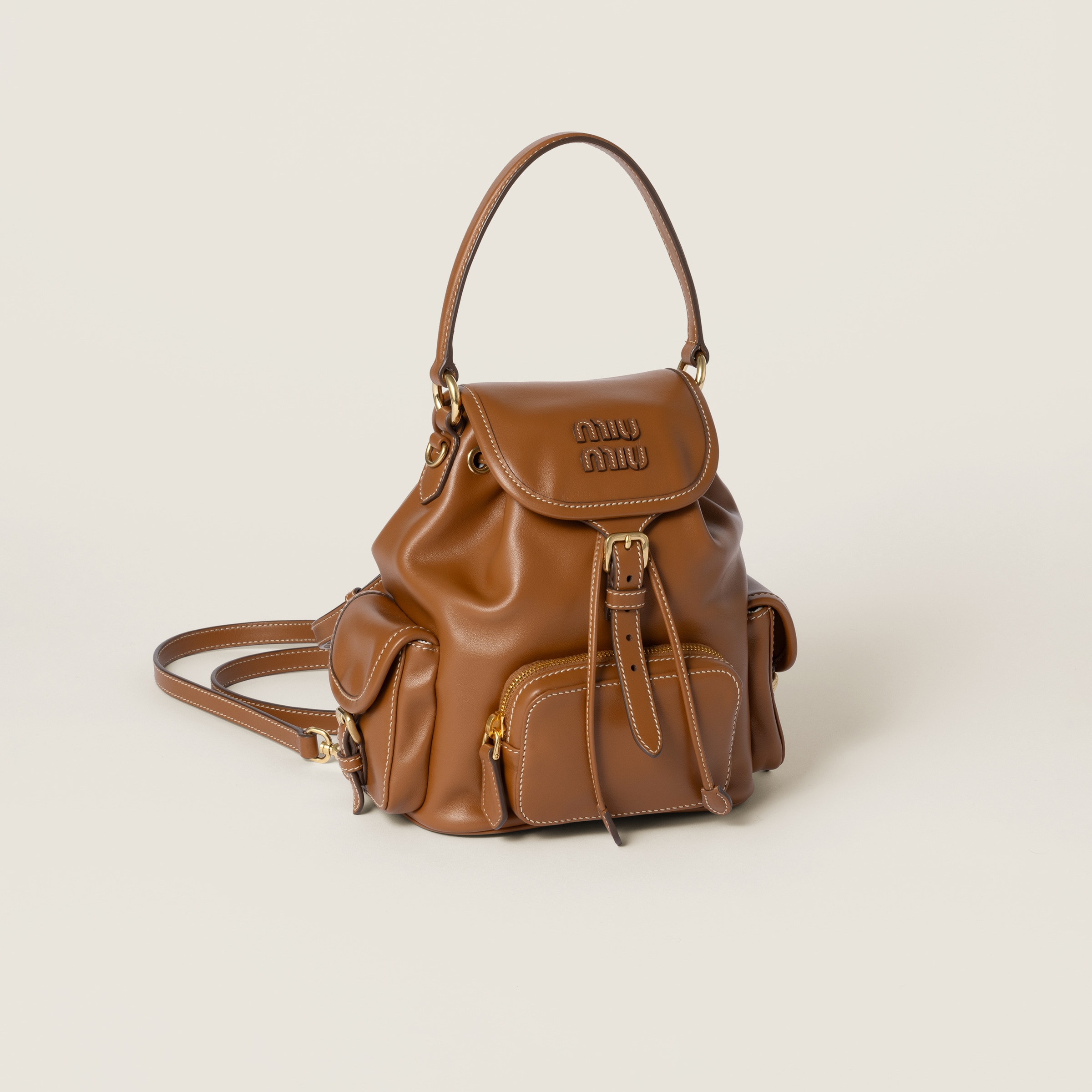 Shop Miu Miu Leather Backpack In Cognac