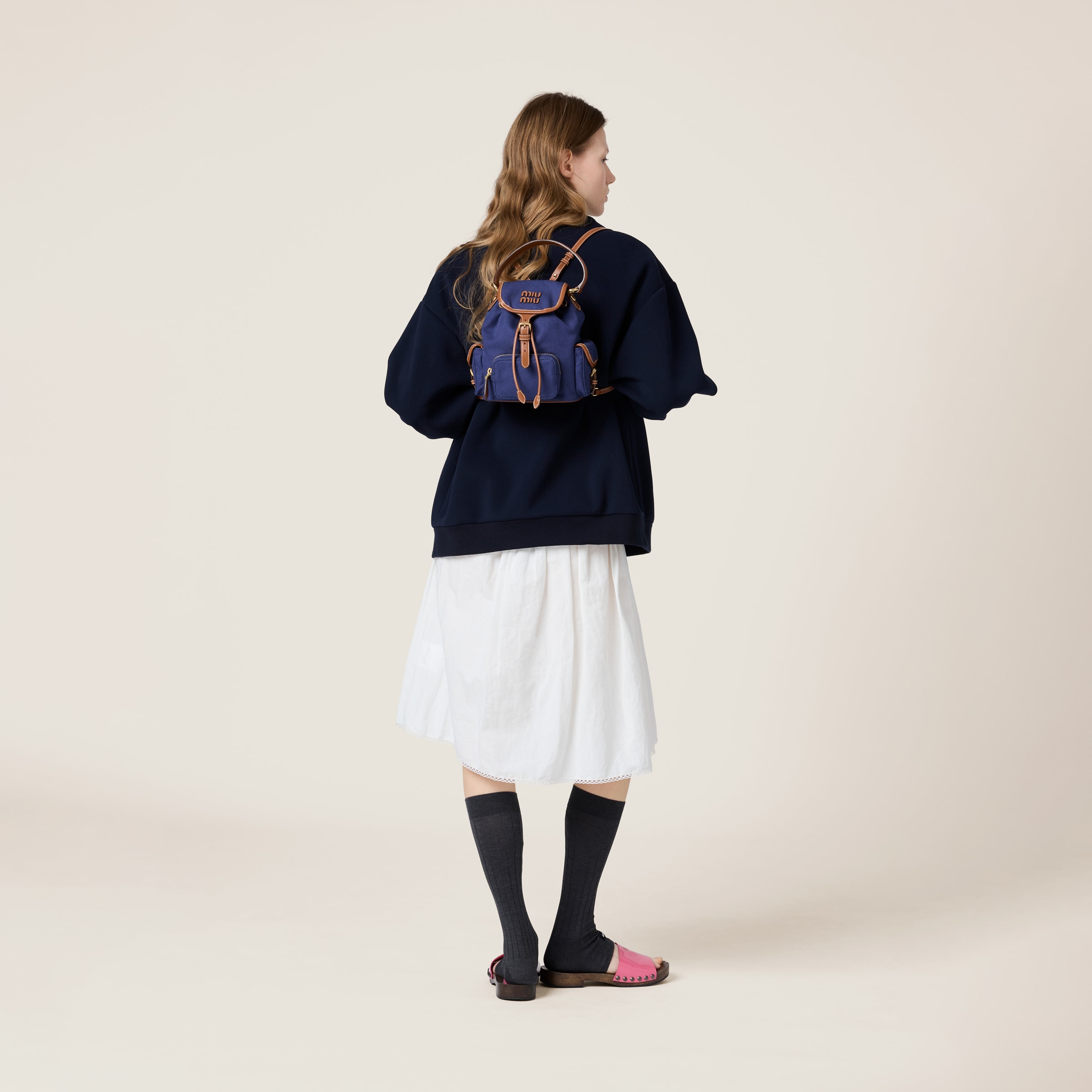 MIUMIU 26S BACKPACK 22 IN DARK BLUE CANVAS BLUE CALFSKIN