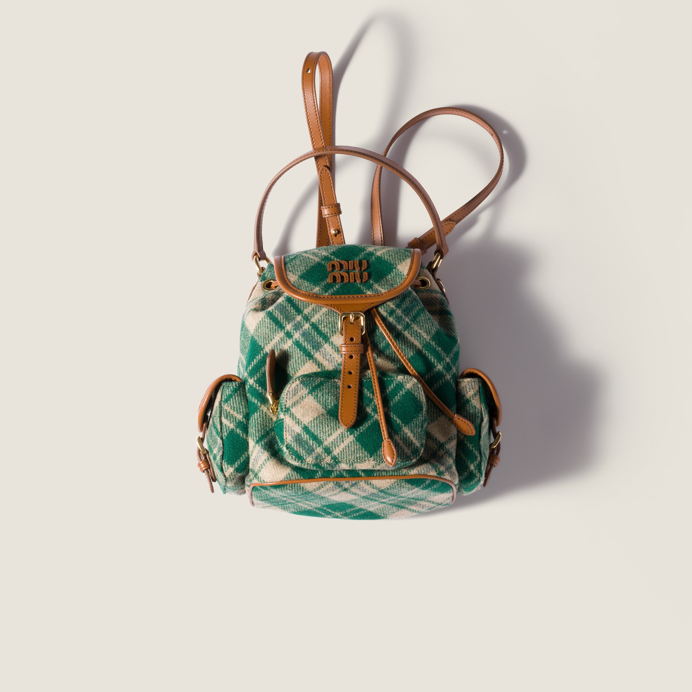 Emerald Green Plaid And Leather Backpack | Miu Miu