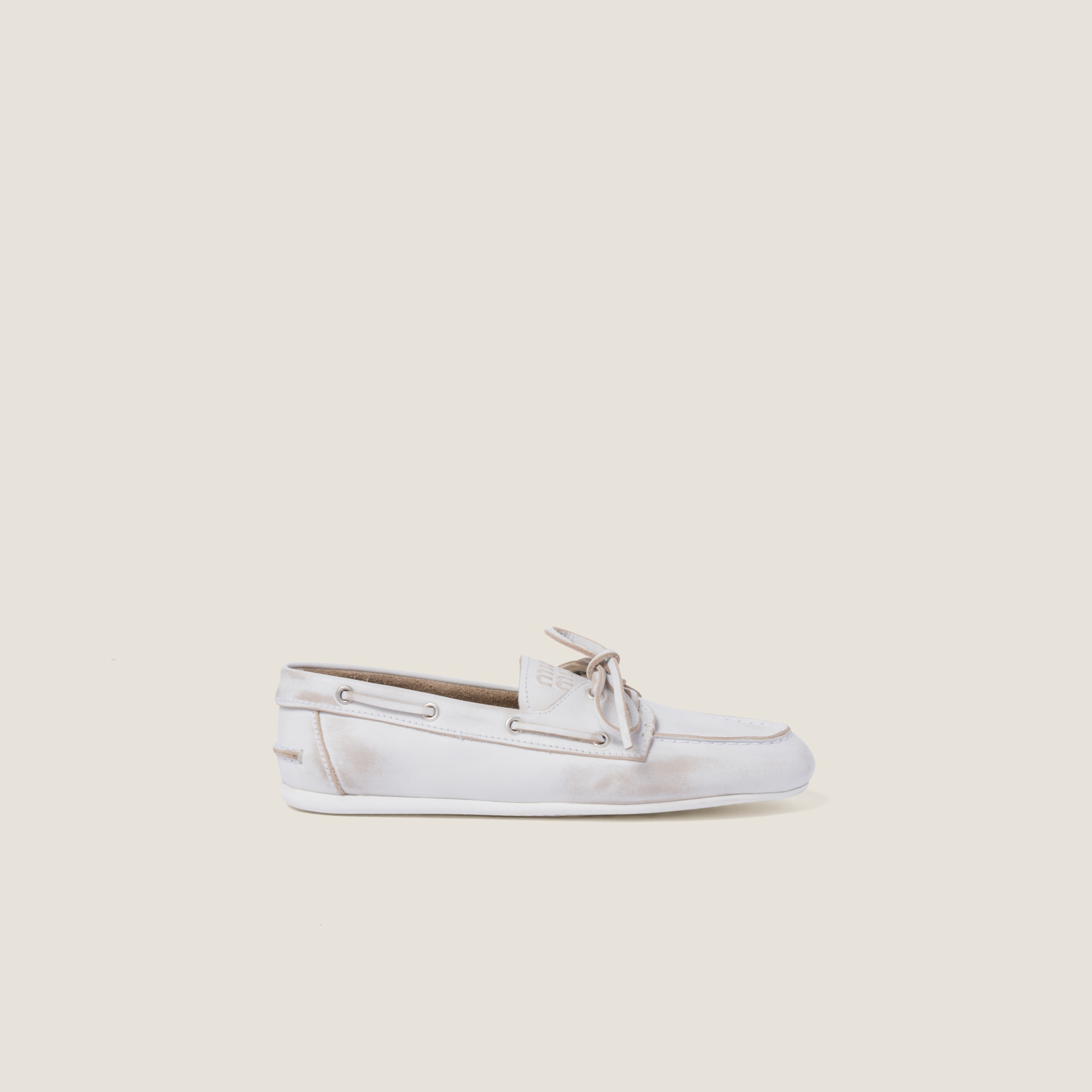 Shop Miumiu Unlined Bleached Leather Loafers In White