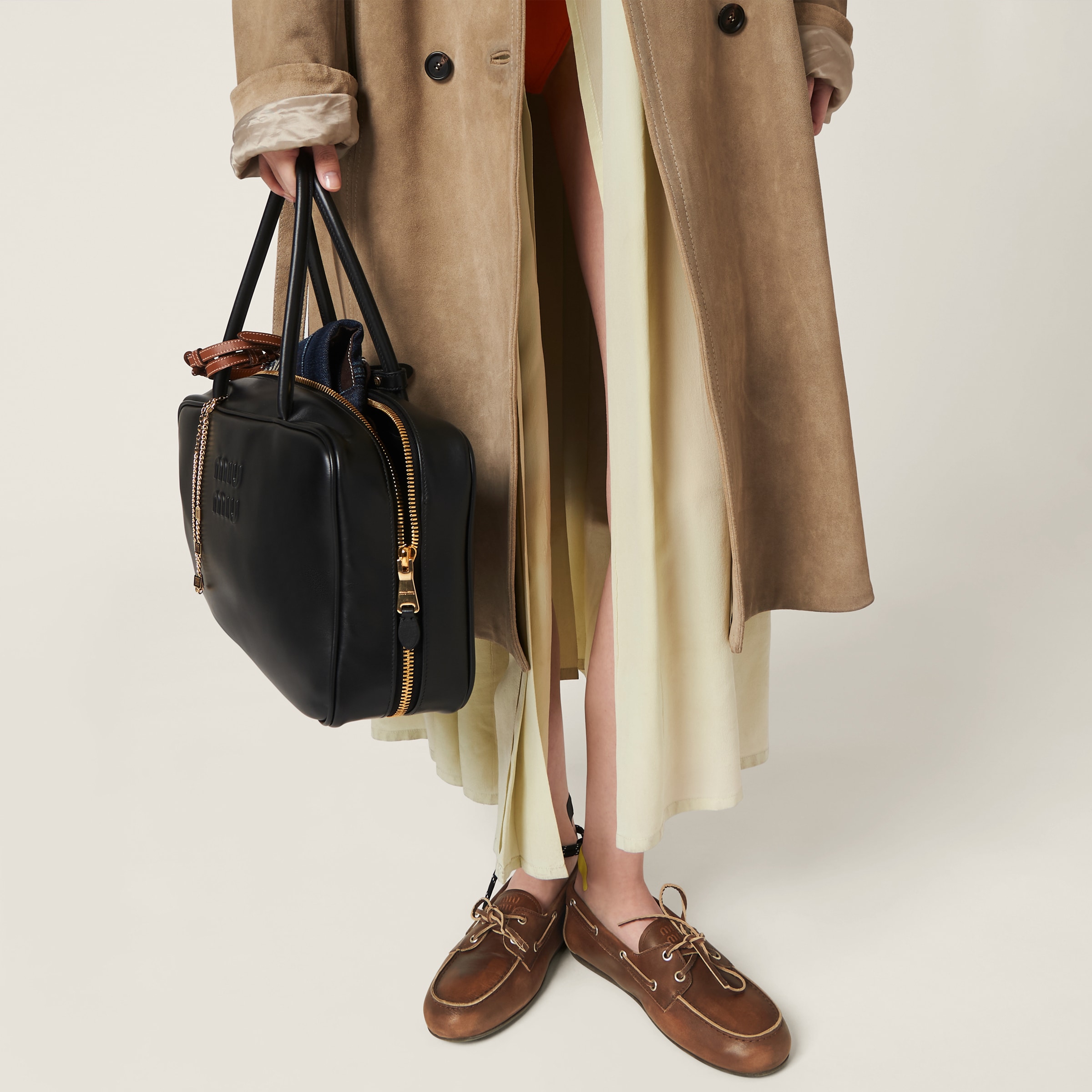 MIUMIU 26S FUR BOAT SHOES IN BROWN CALFSKIN