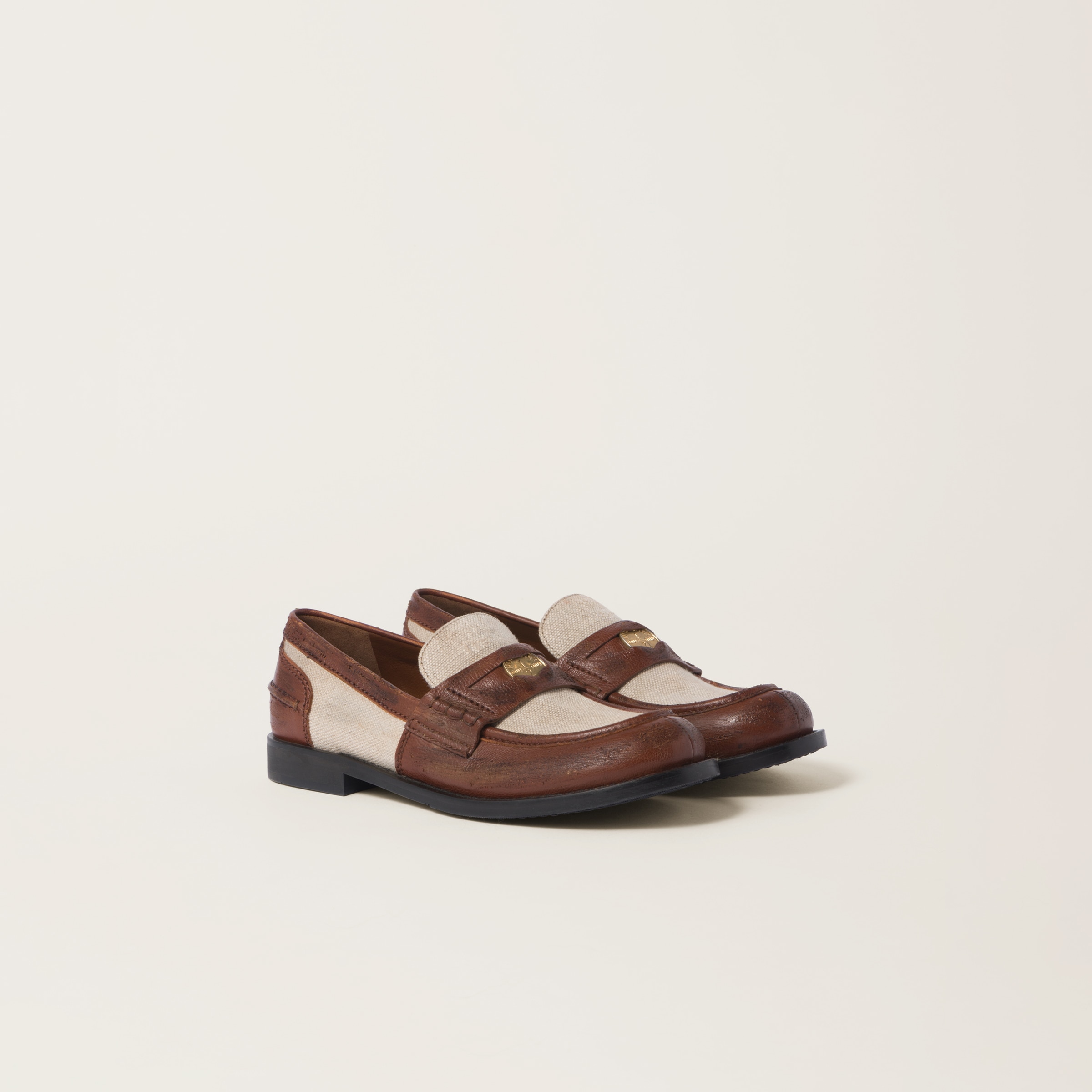 Miumiu Leather And Linen Loafers In Walnut Brown / Cord