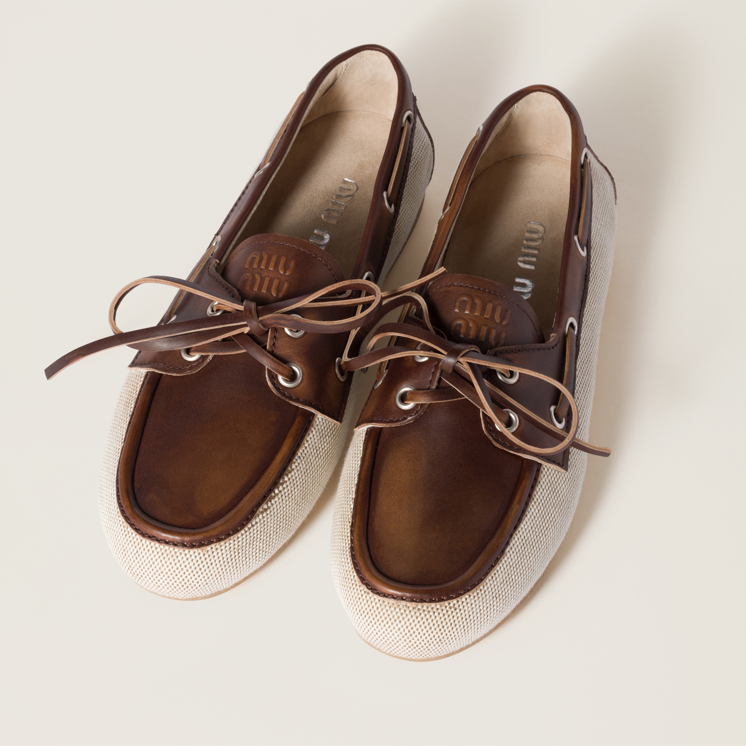 Shop Miu Miu Canvas And Bleached Leather Boat Shoes In Beige/brown
