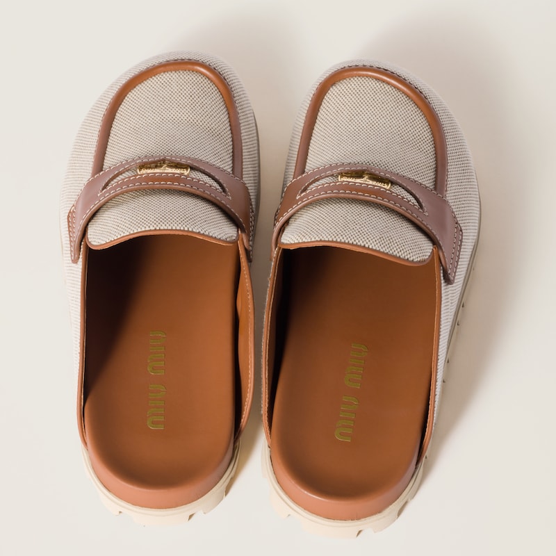 Canvas and leather mules
