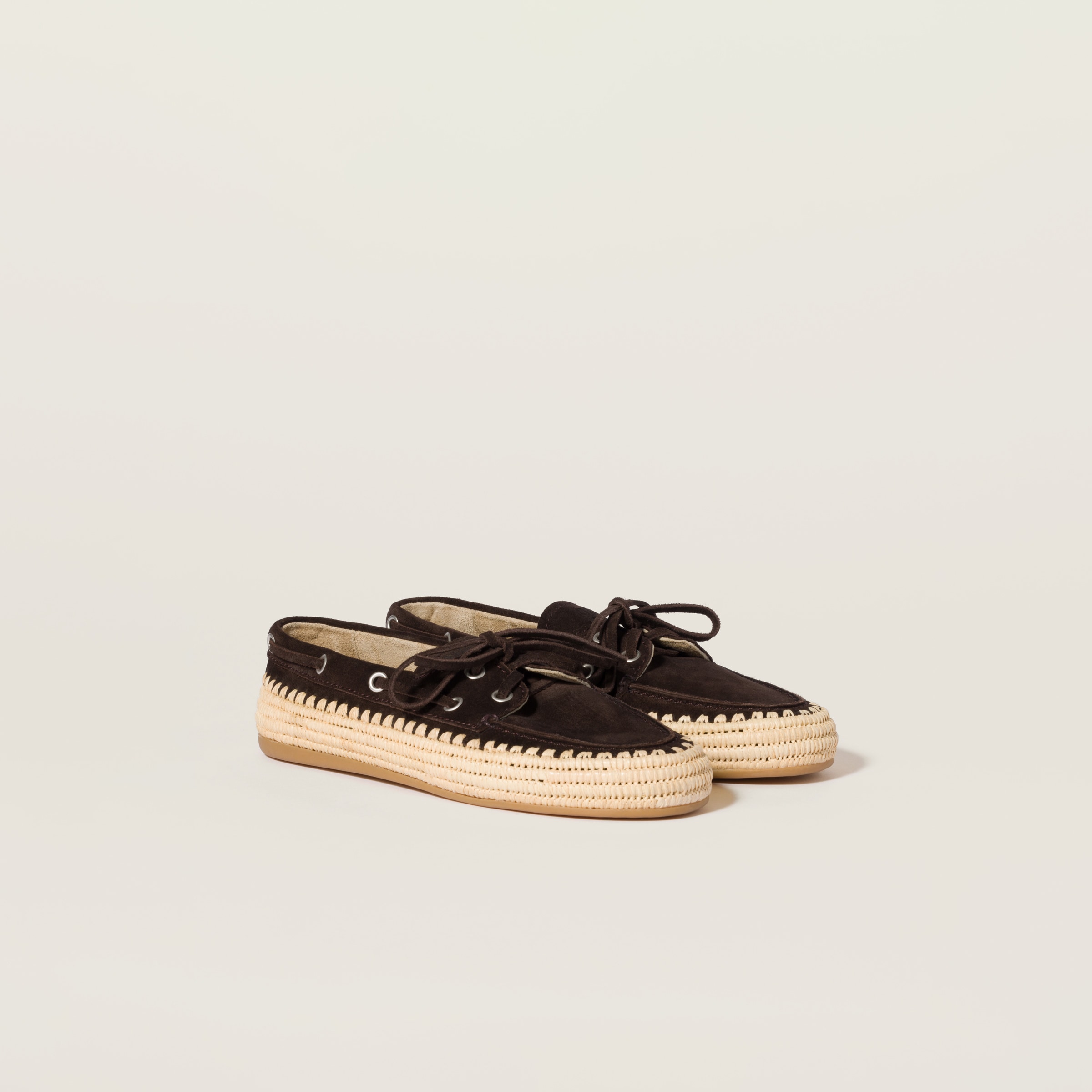 【直営店】MiuMiu スエード/ラフィアのボートシューズ デッキシューズ | ミュウミュウ