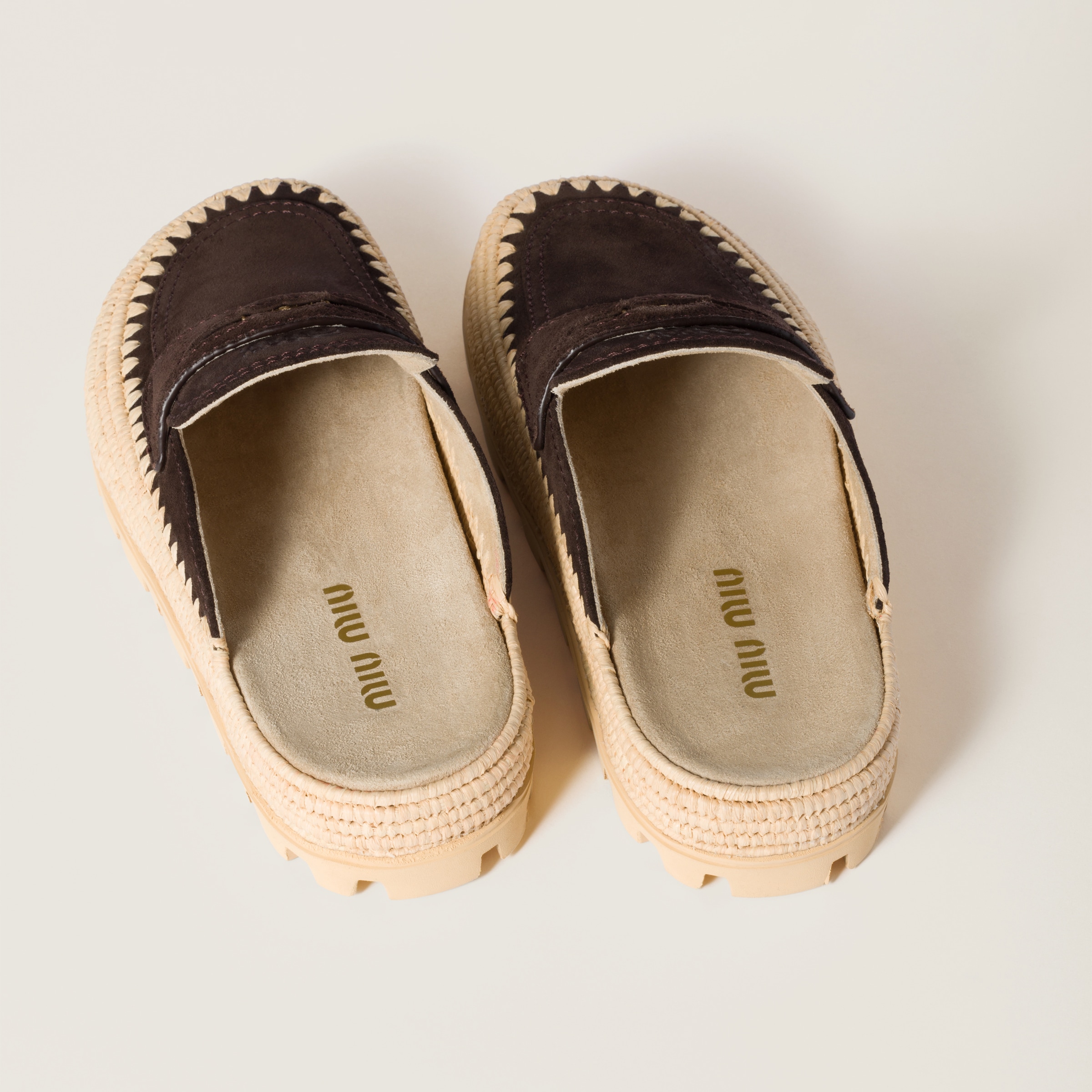 MIU MIU SUEDE AND RAFFIA FLATFORM MULES
