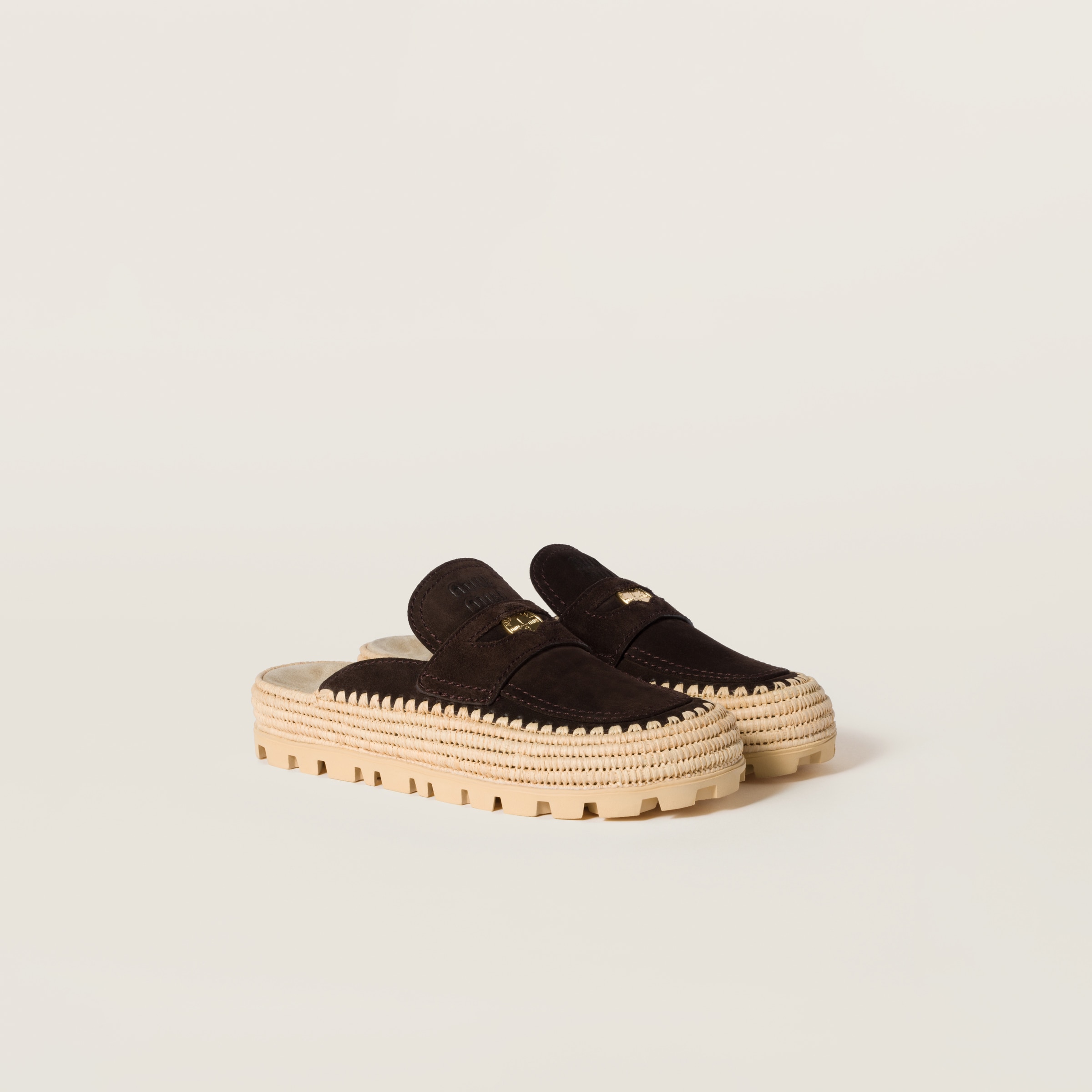 Miu Miu Suede And Raffia Flatform Mules