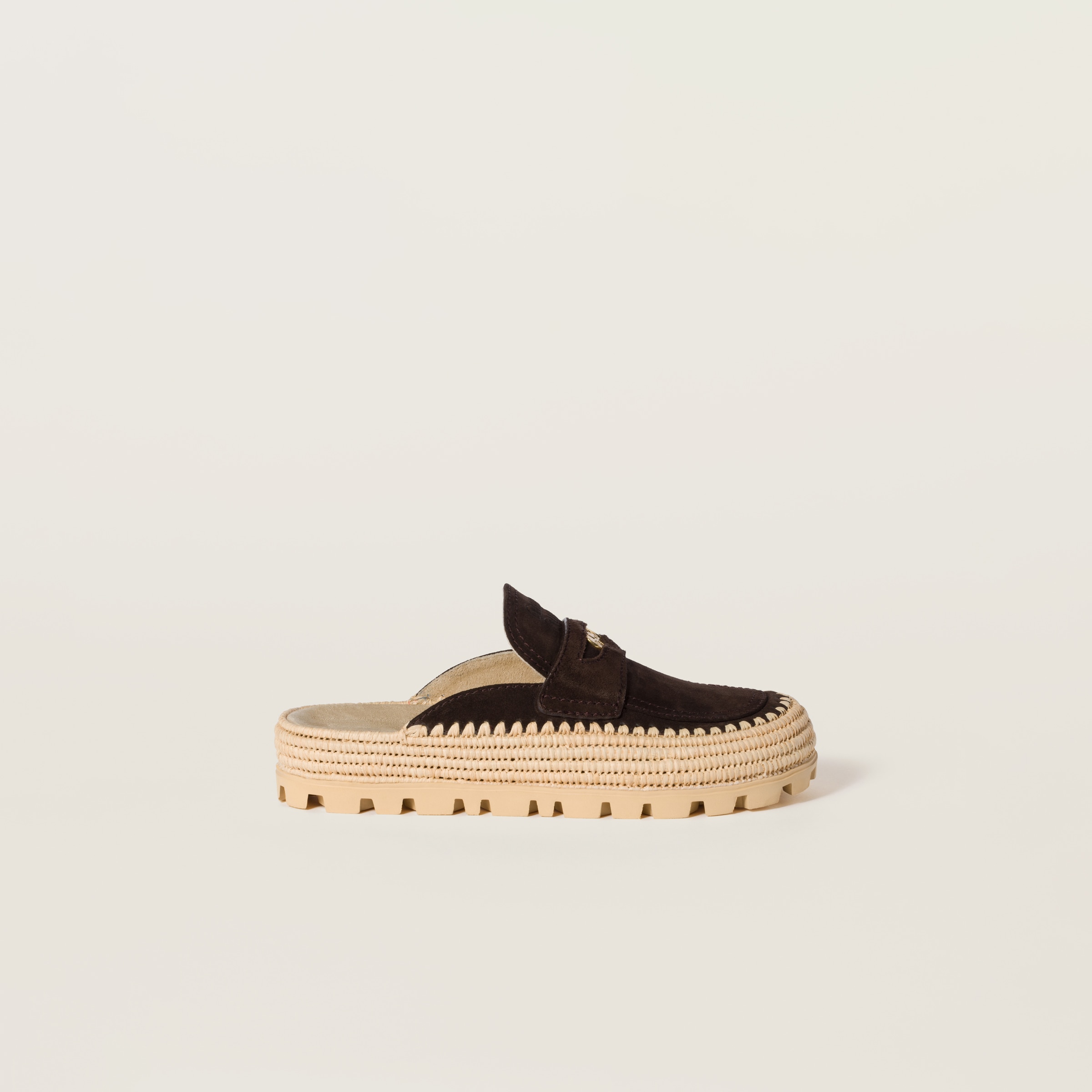 MIU MIU SUEDE AND RAFFIA FLATFORM MULES