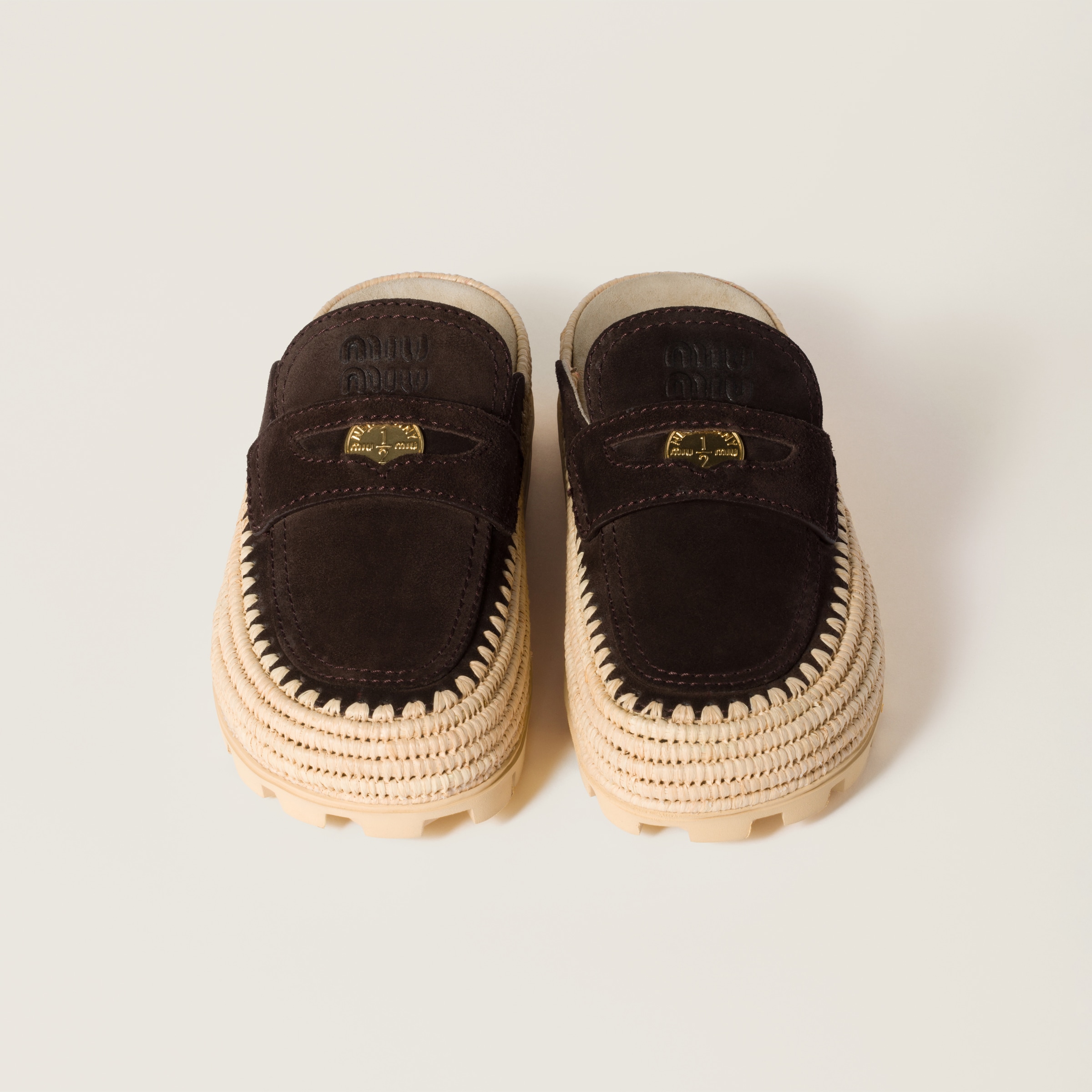 MIU MIU SUEDE AND RAFFIA FLATFORM MULES
