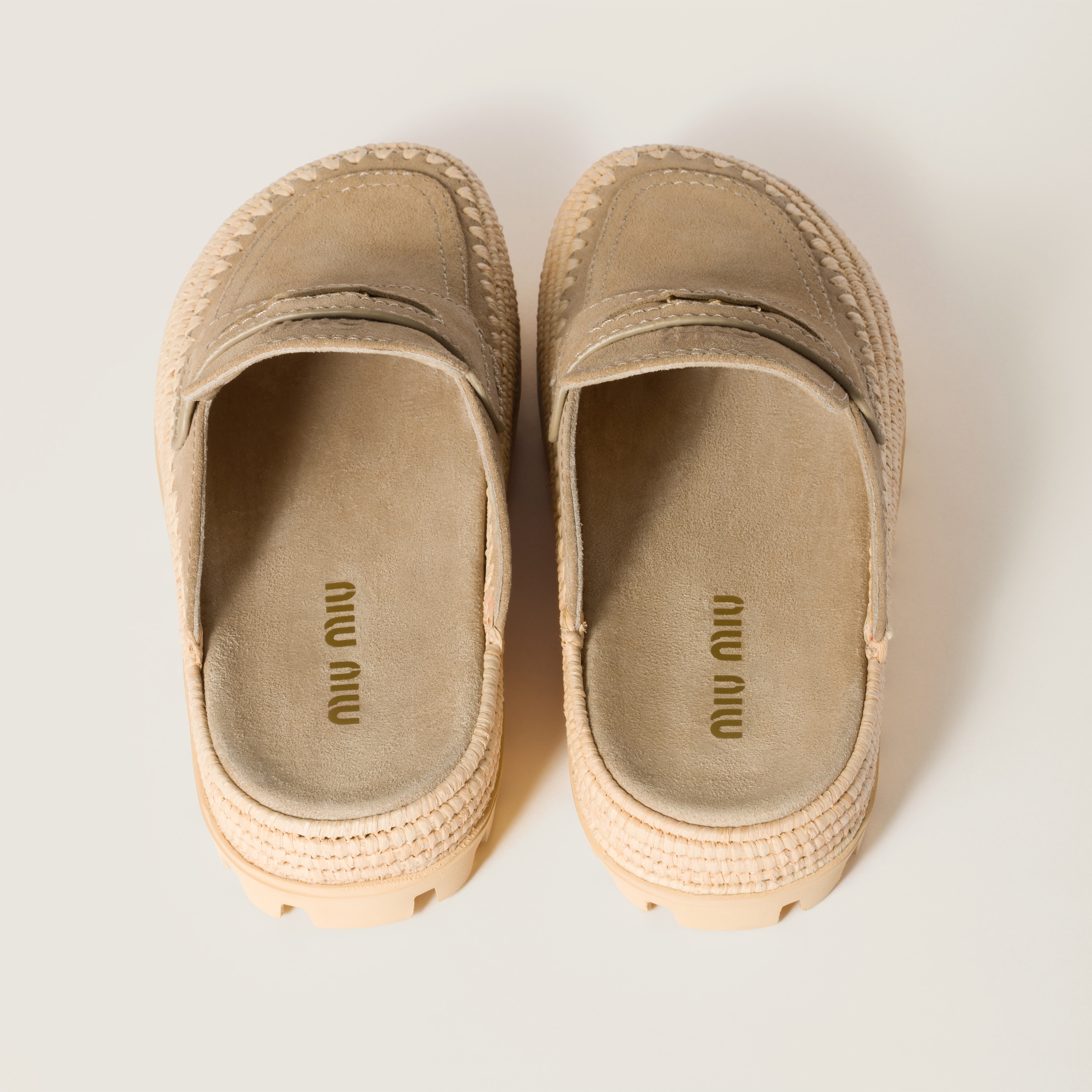 MIU MIU SUEDE AND RAFFIA FLATFORM MULES