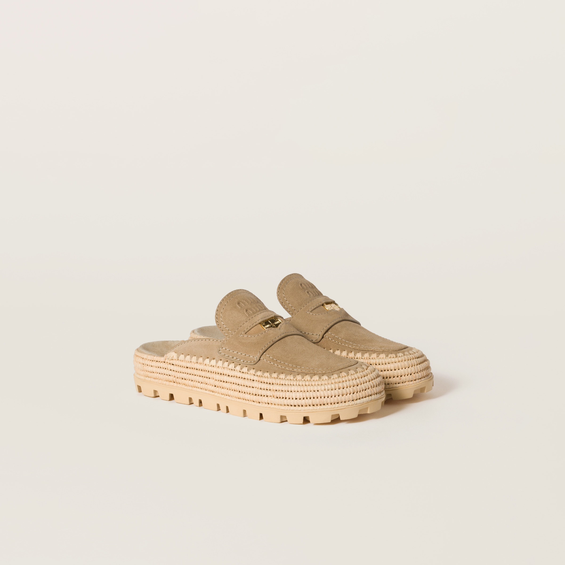 Miu Miu Suede And Raffia Flatform Mules